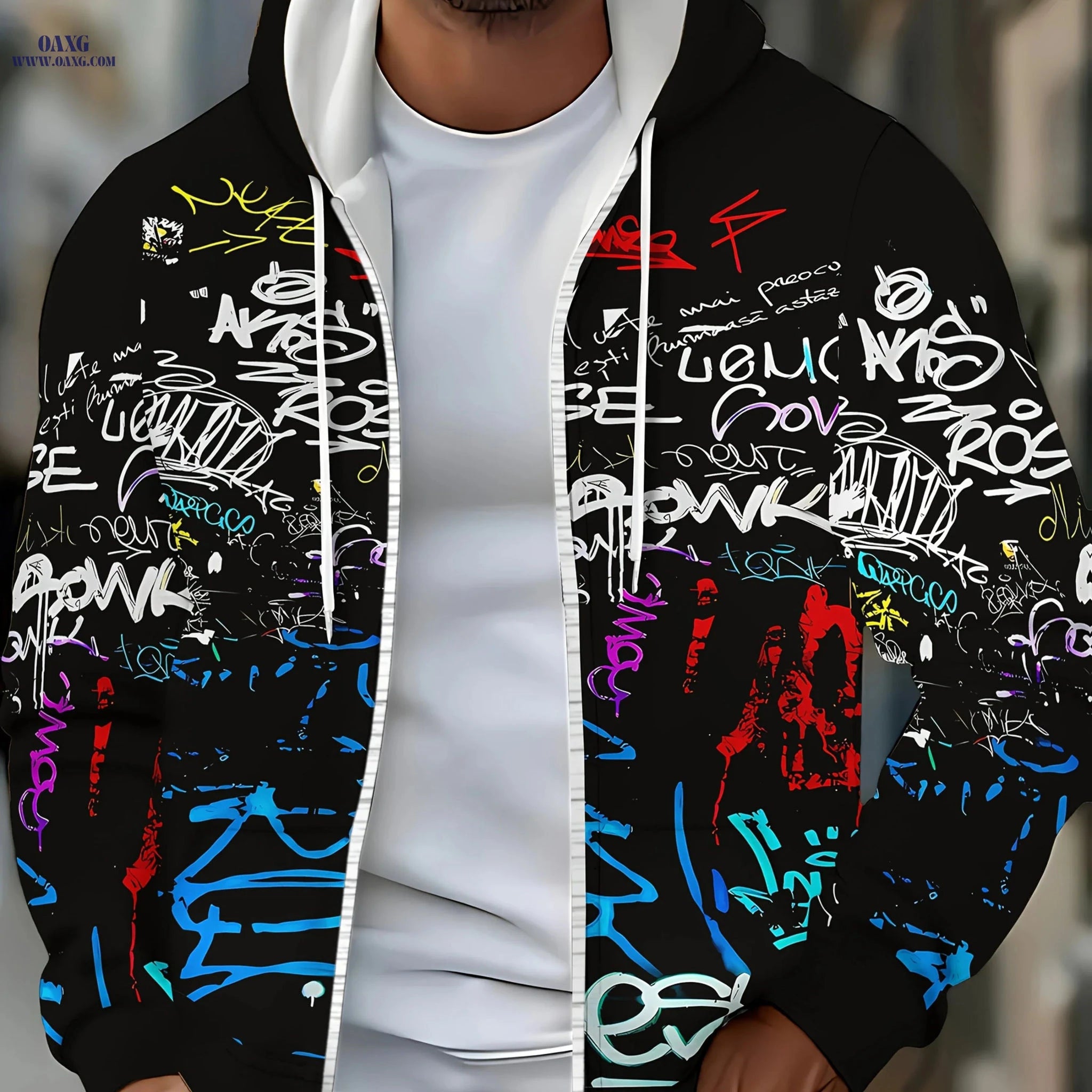 Men's Stylish Hooded Zip-Up Sweatshirt - Graffiti Print for Fall   OAXG 