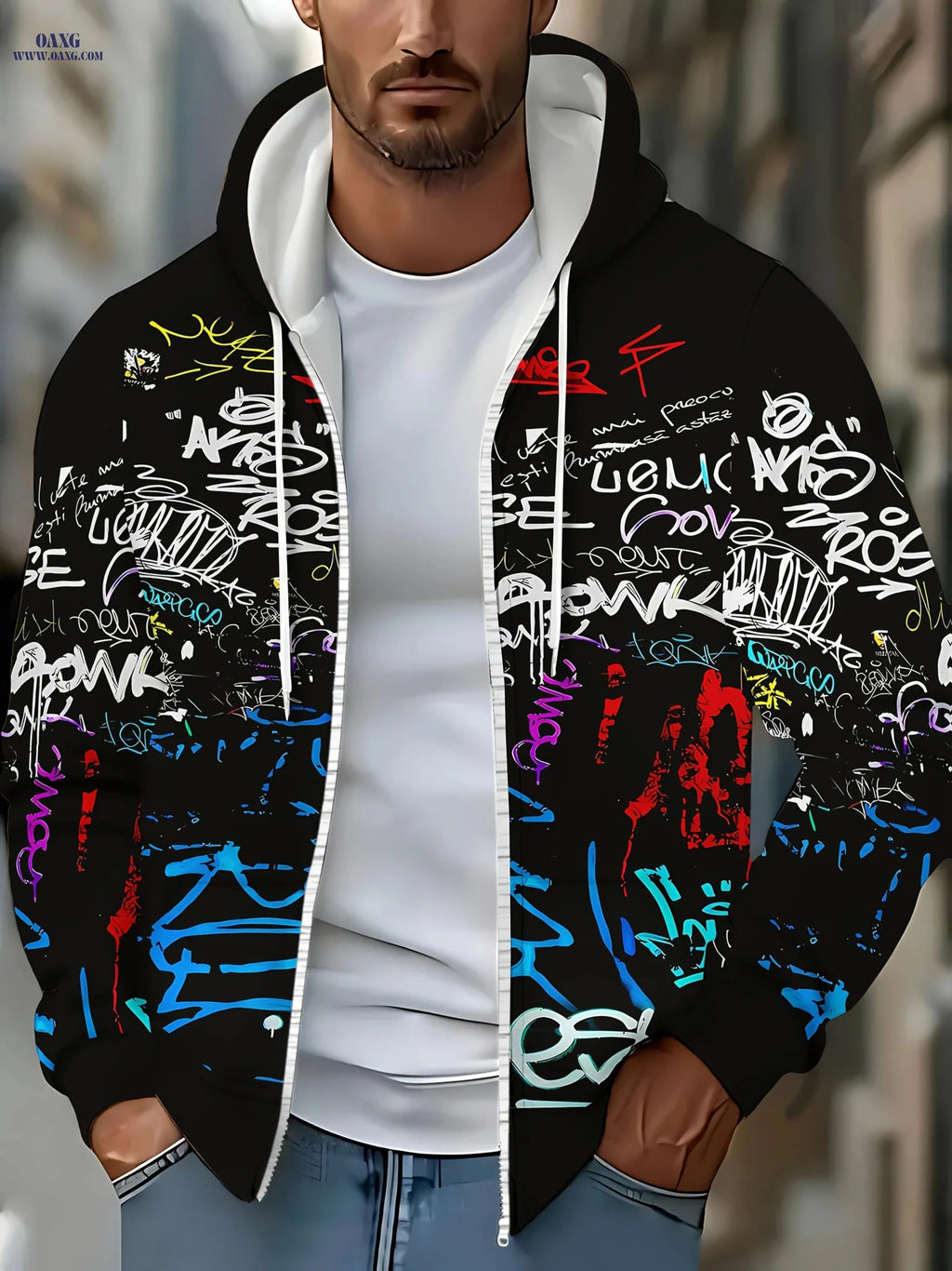 Men's Stylish Hooded Zip-Up Sweatshirt - Graffiti Print for Fall   OAXG 【Multicolor】 / FR M