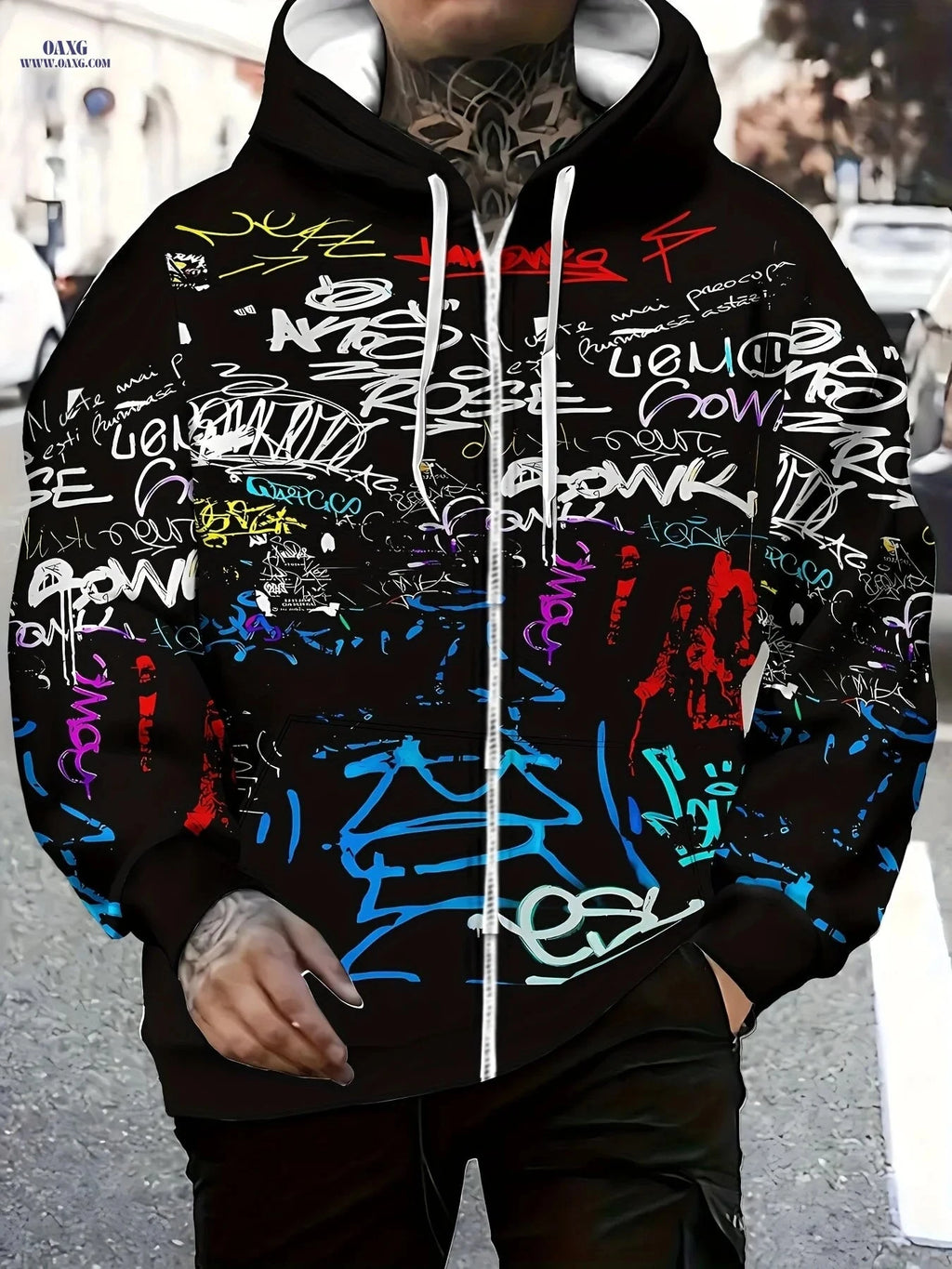 Men's Stylish Hooded Zip-Up Sweatshirt - Graffiti Print for Fall   OAXG 【Multicolor】 / FR M