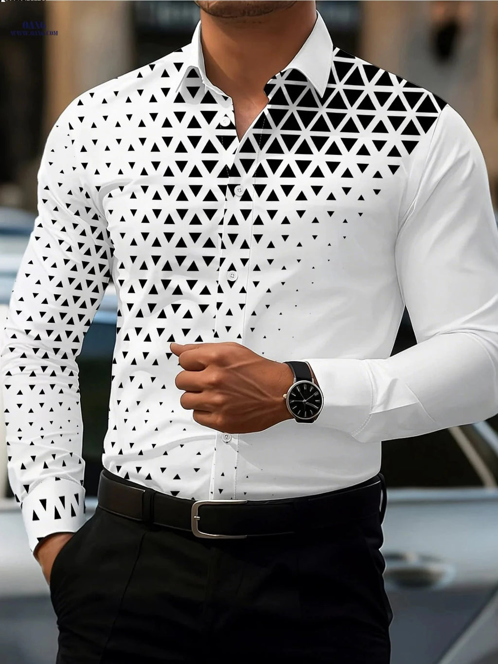 Men's Stylish Long-Sleeve Geometric Shirt - Trendy Black & White Casual   OAXG 