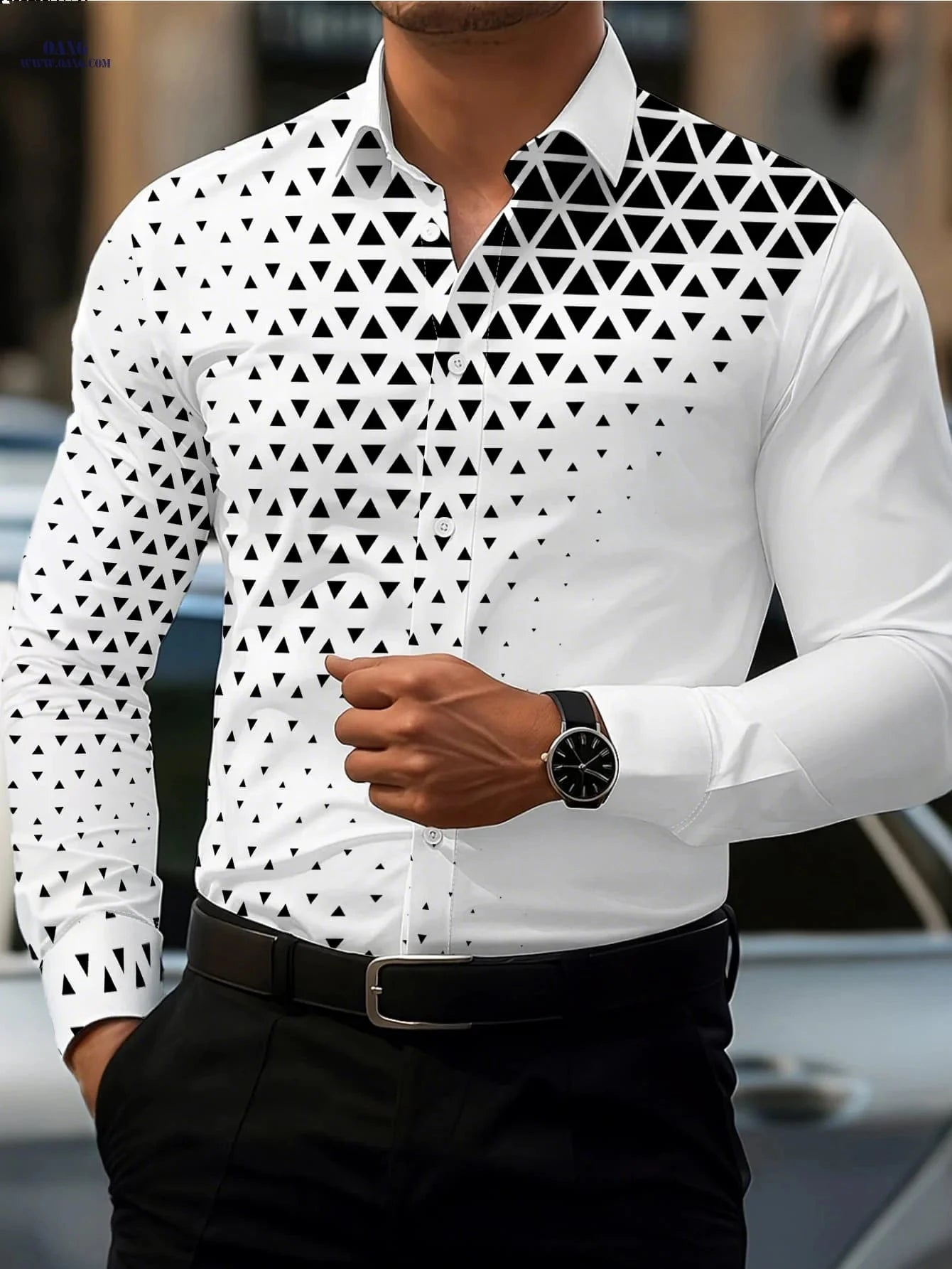 Men's Stylish Long-Sleeve Geometric Shirt - Trendy Black & White Casual   OAXG 
