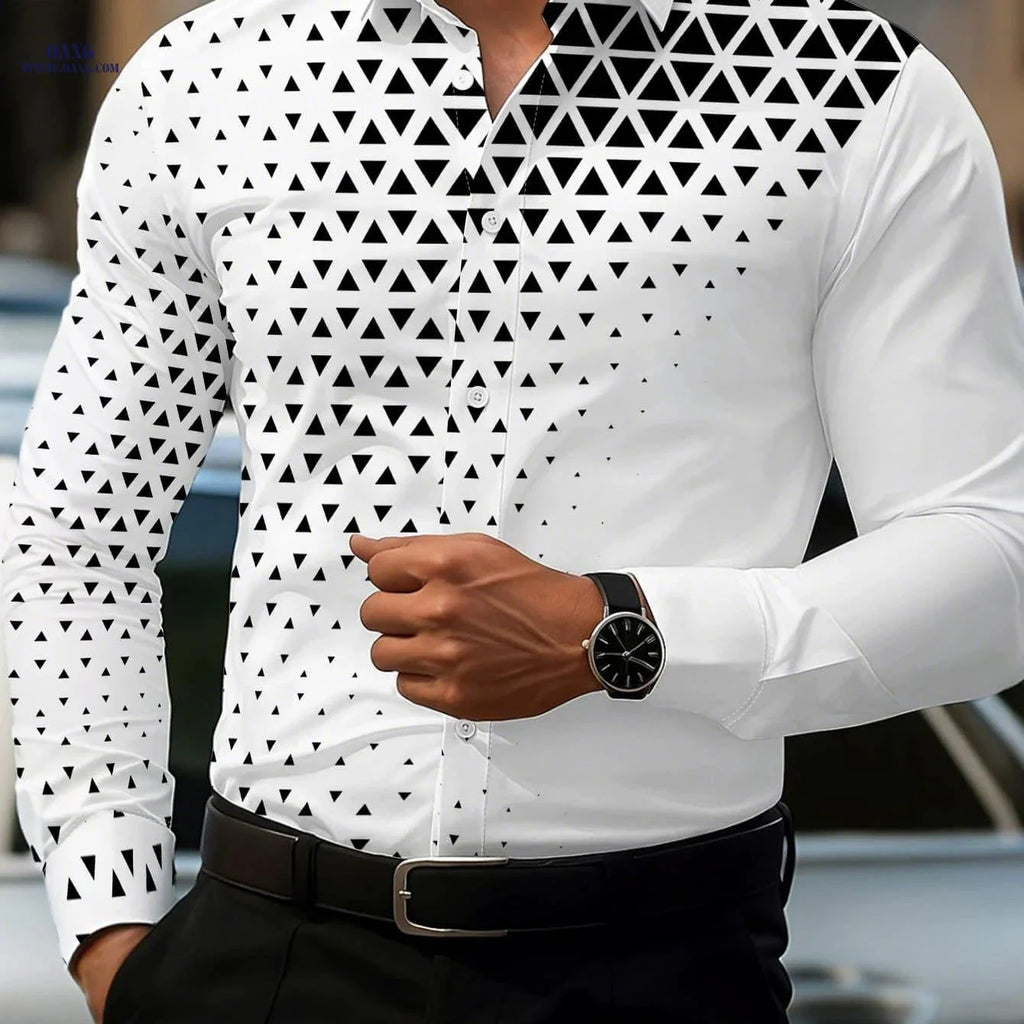 Men's Stylish Long-Sleeve Geometric Shirt - Trendy Black & White Casual   OAXG Mixed colors / FR S
