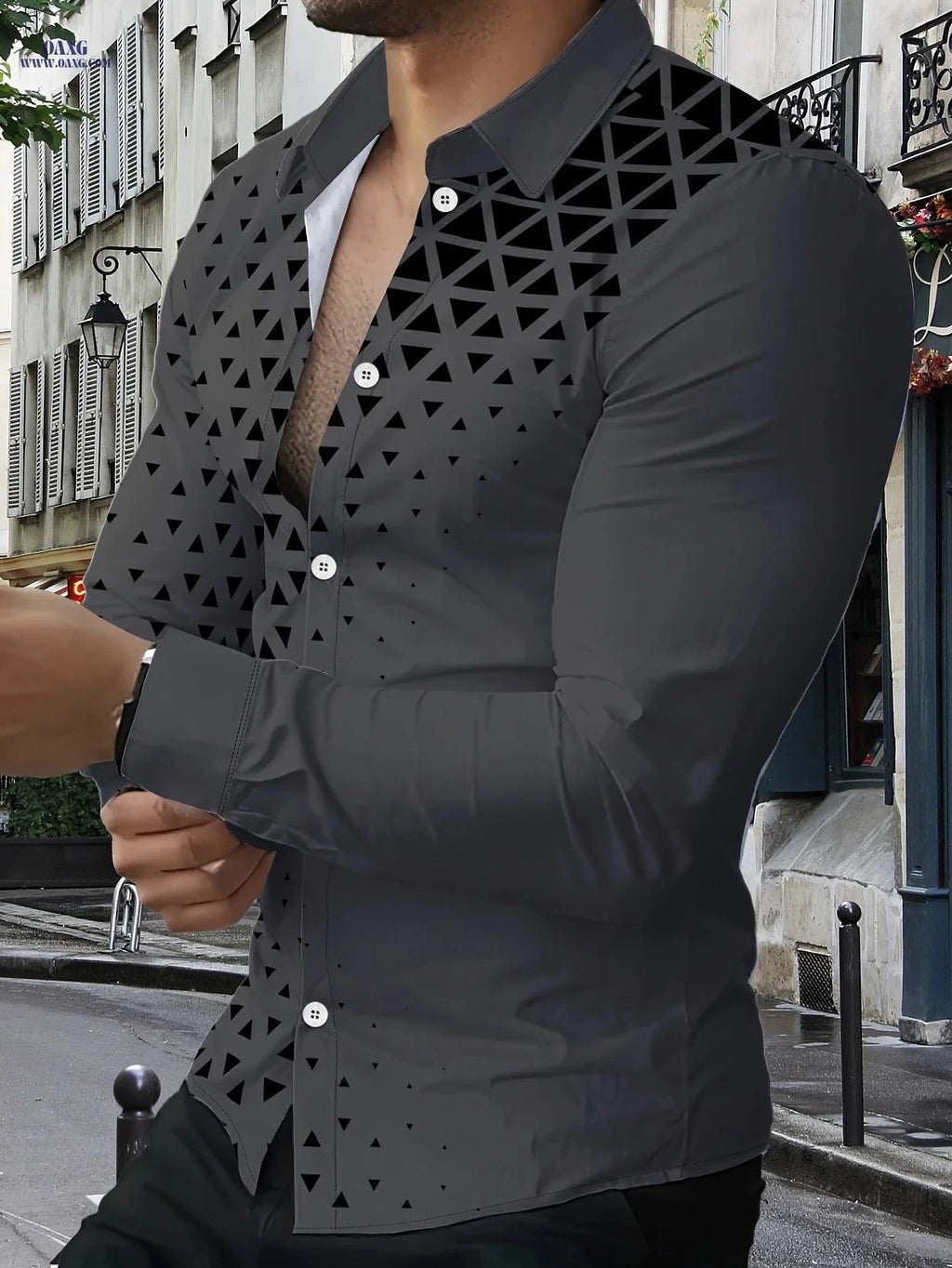 Men's Stylish Long-Sleeve Geometric Shirt - Trendy Black & White Casual   OAXG Mixed colors / FR S