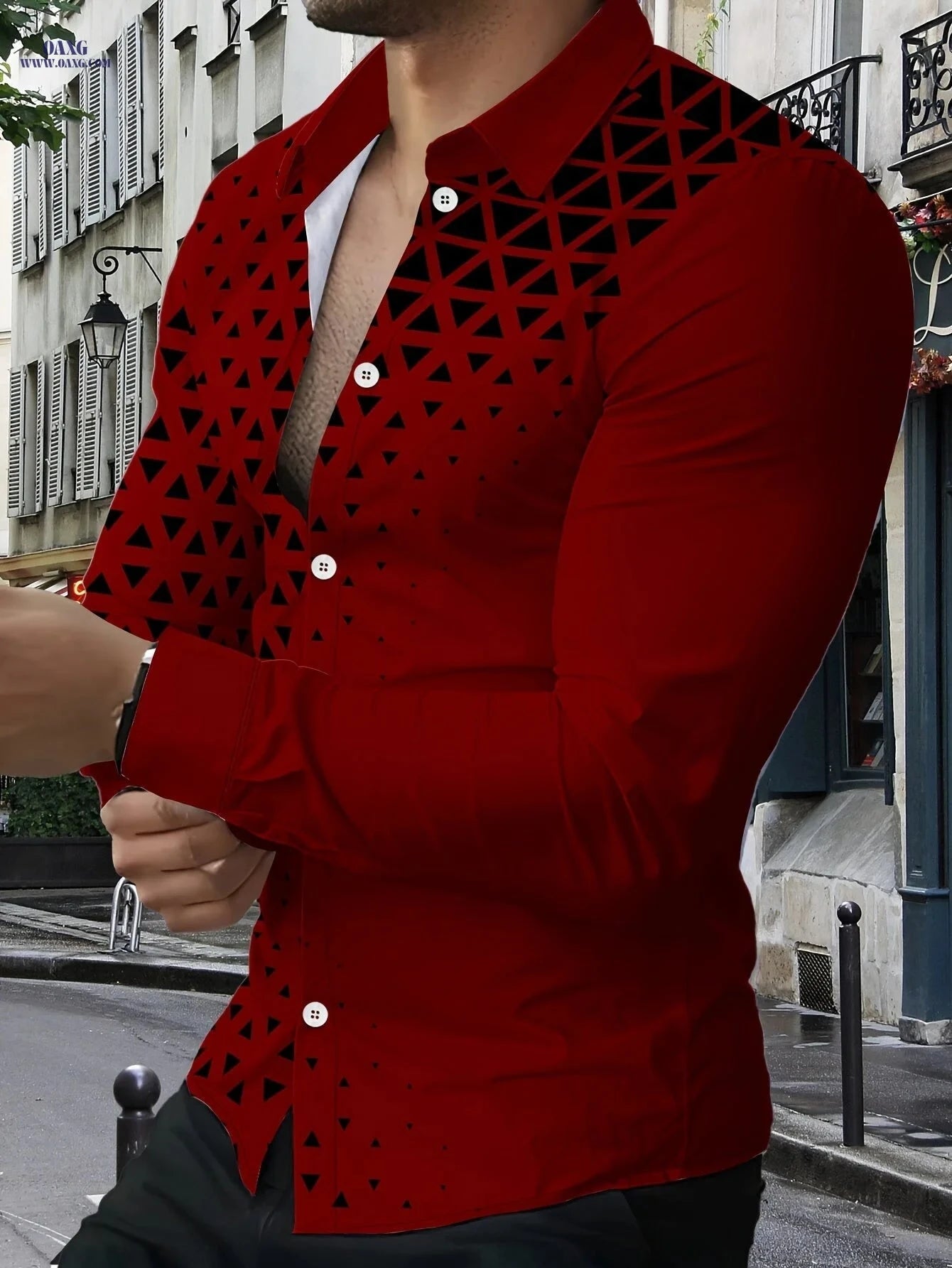 Men's Stylish Long-Sleeve Geometric Shirt - Trendy Black & White Casual   OAXG Mixed colors / FR S