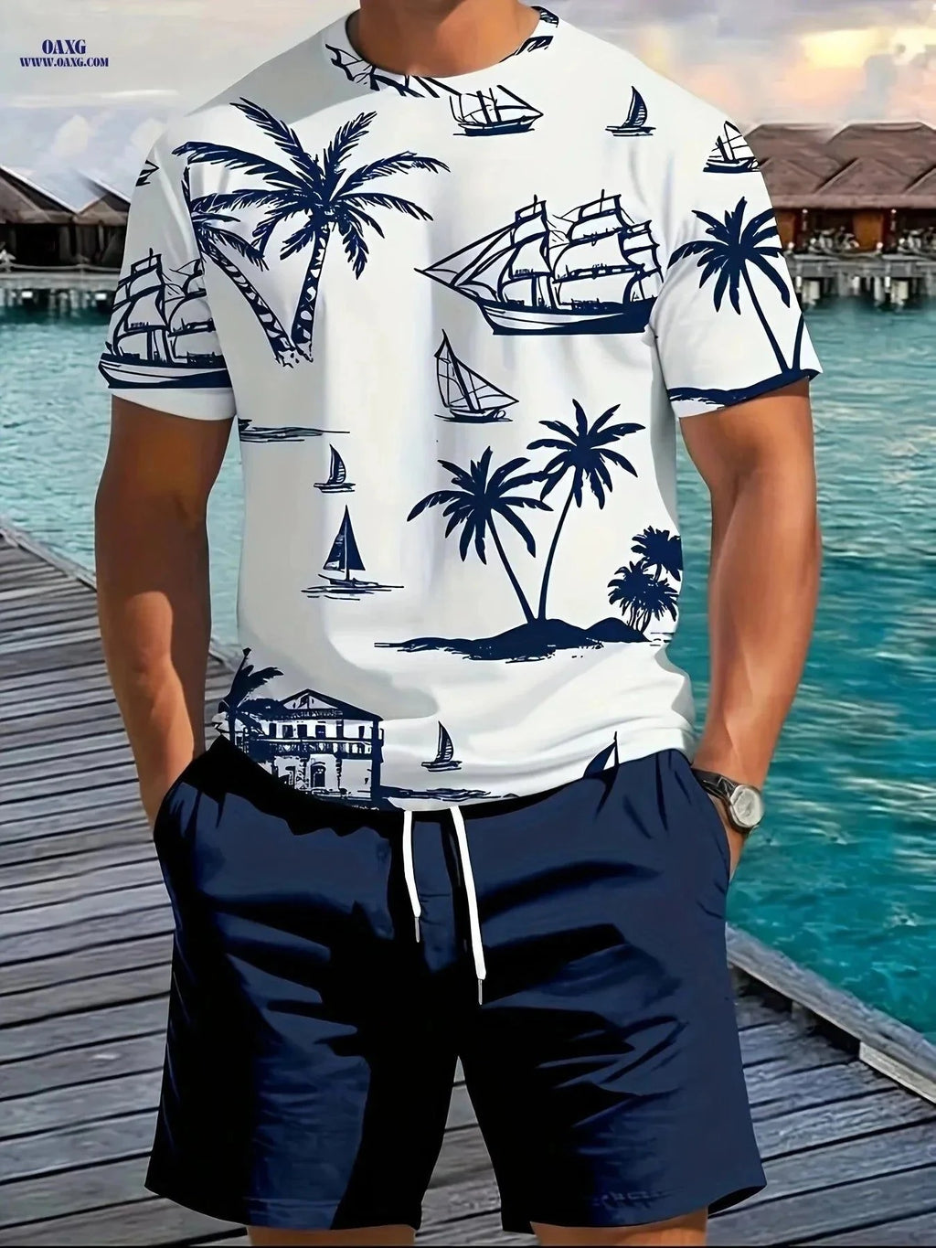 Men's Stylish Palm Tree T-Shirt & Shorts Set - Summer Casual Wear   OAXG Olive Green / FR S