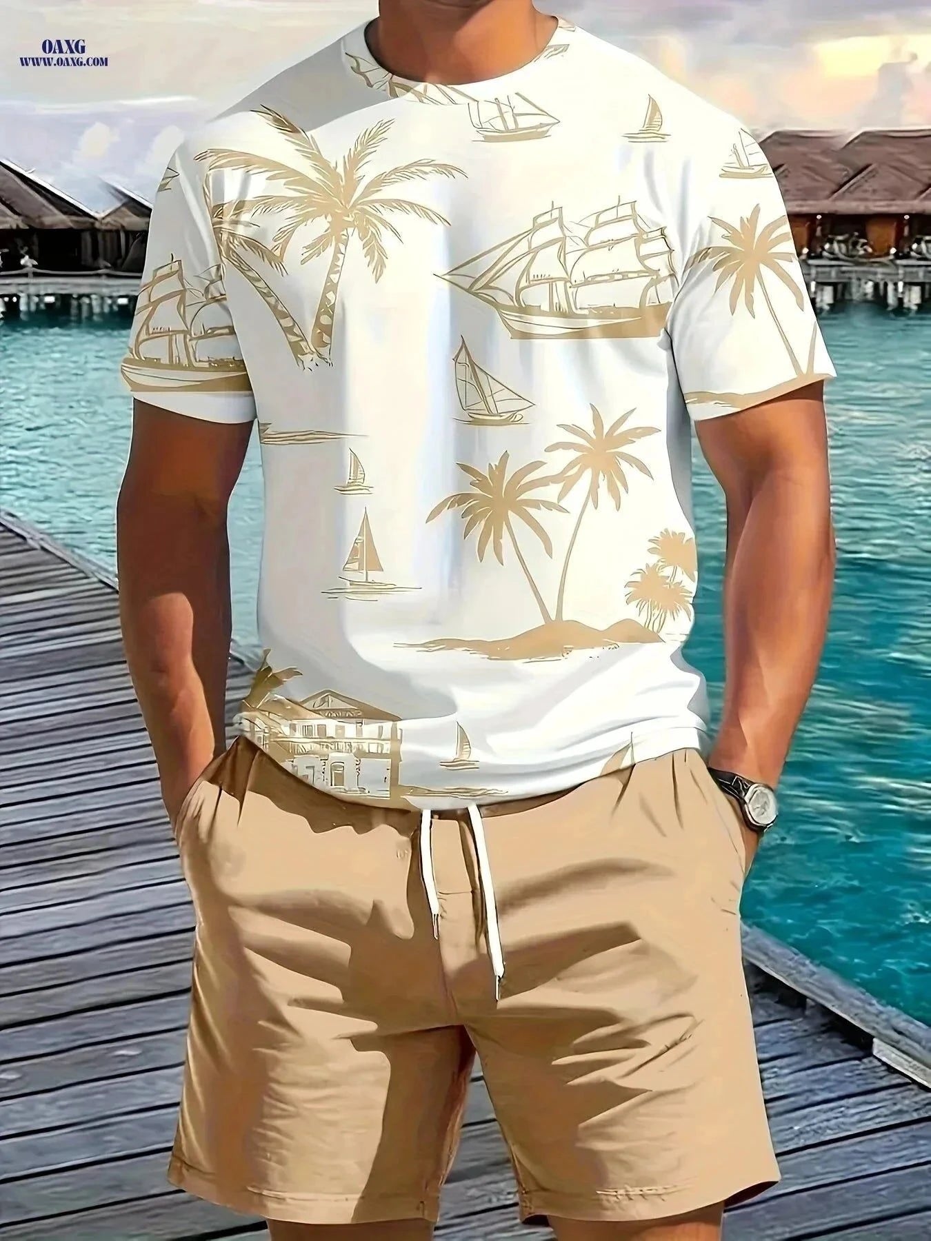 Men's Stylish Palm Tree T-Shirt & Shorts Set - Summer Casual Wear   OAXG Olive Green / FR S