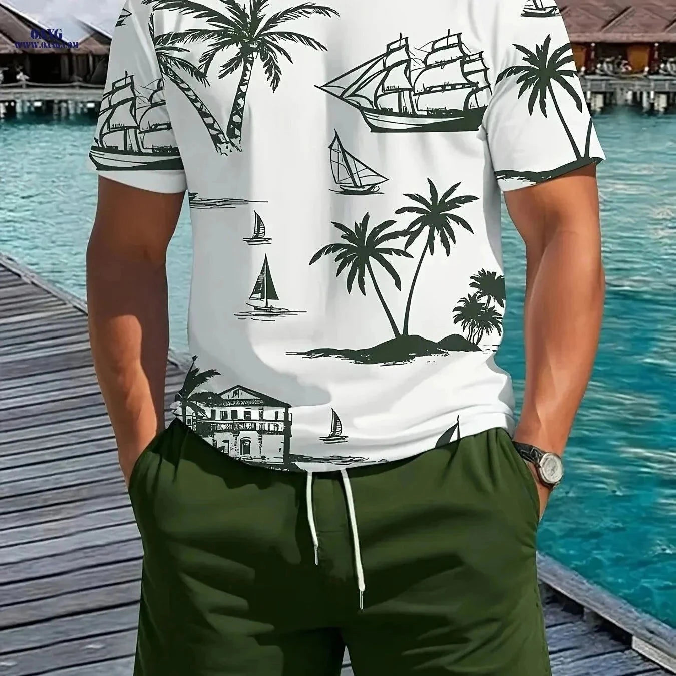 Men's Stylish Palm Tree T-Shirt & Shorts Set - Summer Casual Wear   OAXG Olive Green / FR S