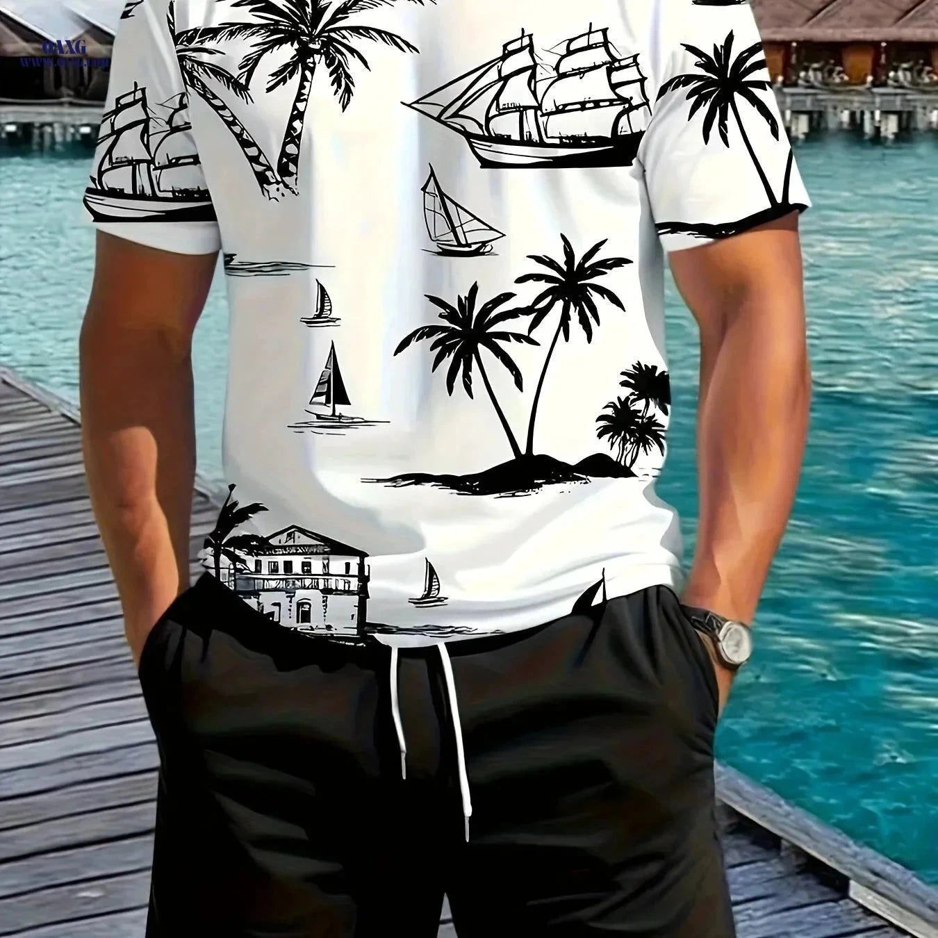 Men's Stylish Palm Tree T-Shirt & Shorts Set - Summer Casual Wear   OAXG Olive Green / FR S