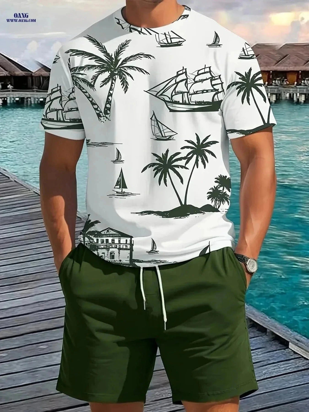 Men's Stylish Palm Tree T-Shirt & Shorts Set - Summer Casual Wear   OAXG Olive Green / FR S