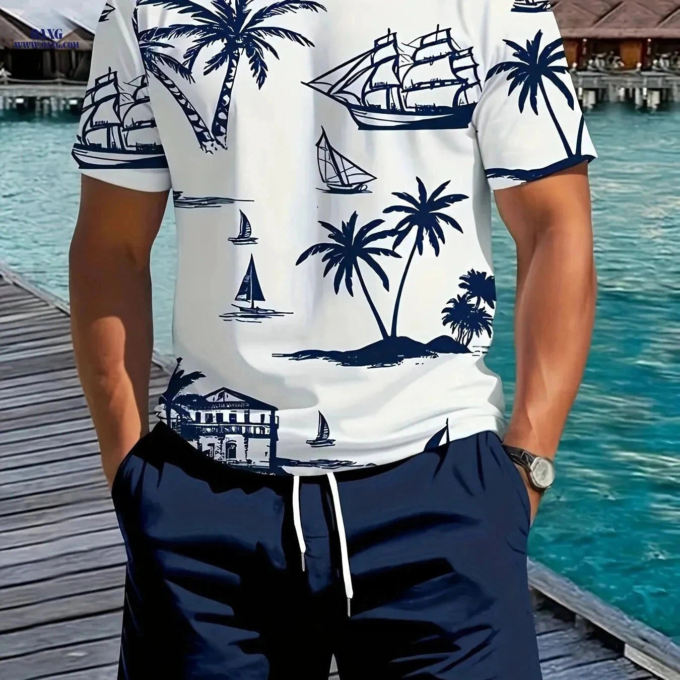 Men's Stylish Palm Tree T-Shirt & Shorts Set - Summer Casual Wear   OAXG Olive Green / FR S