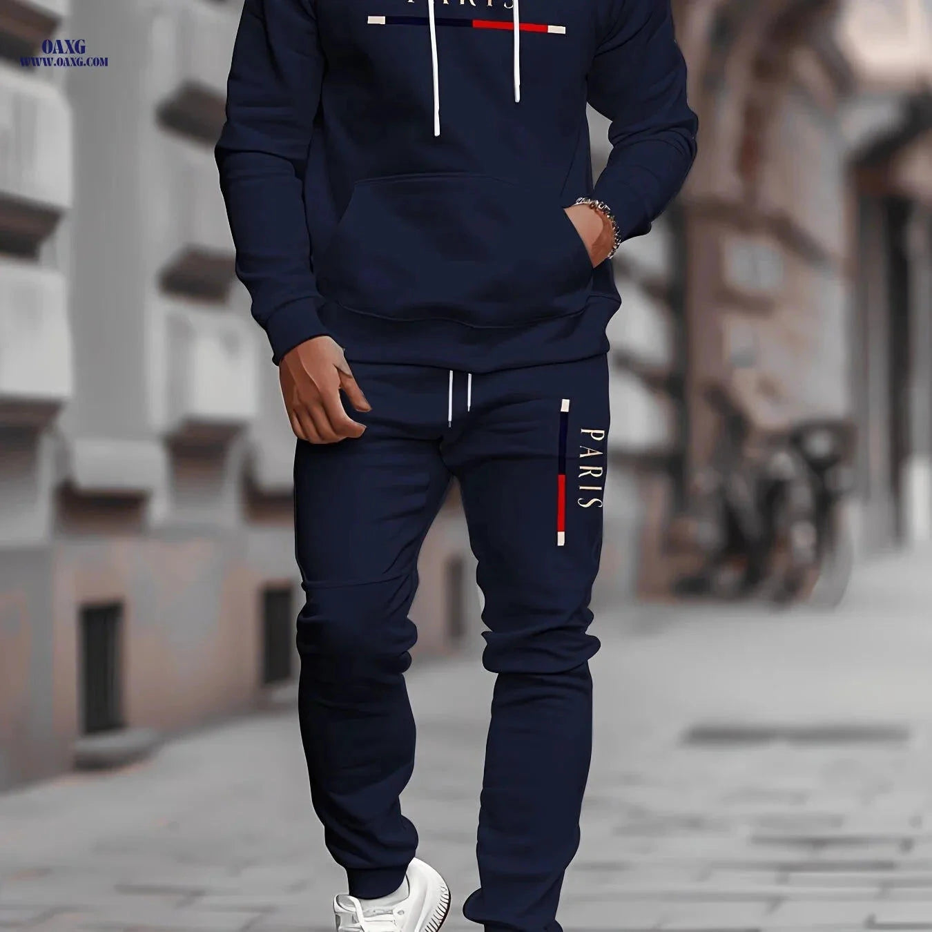 Men's Stylish Paris Print Hoodie and Sweatpants Set - Easy & Elegant   OAXG 