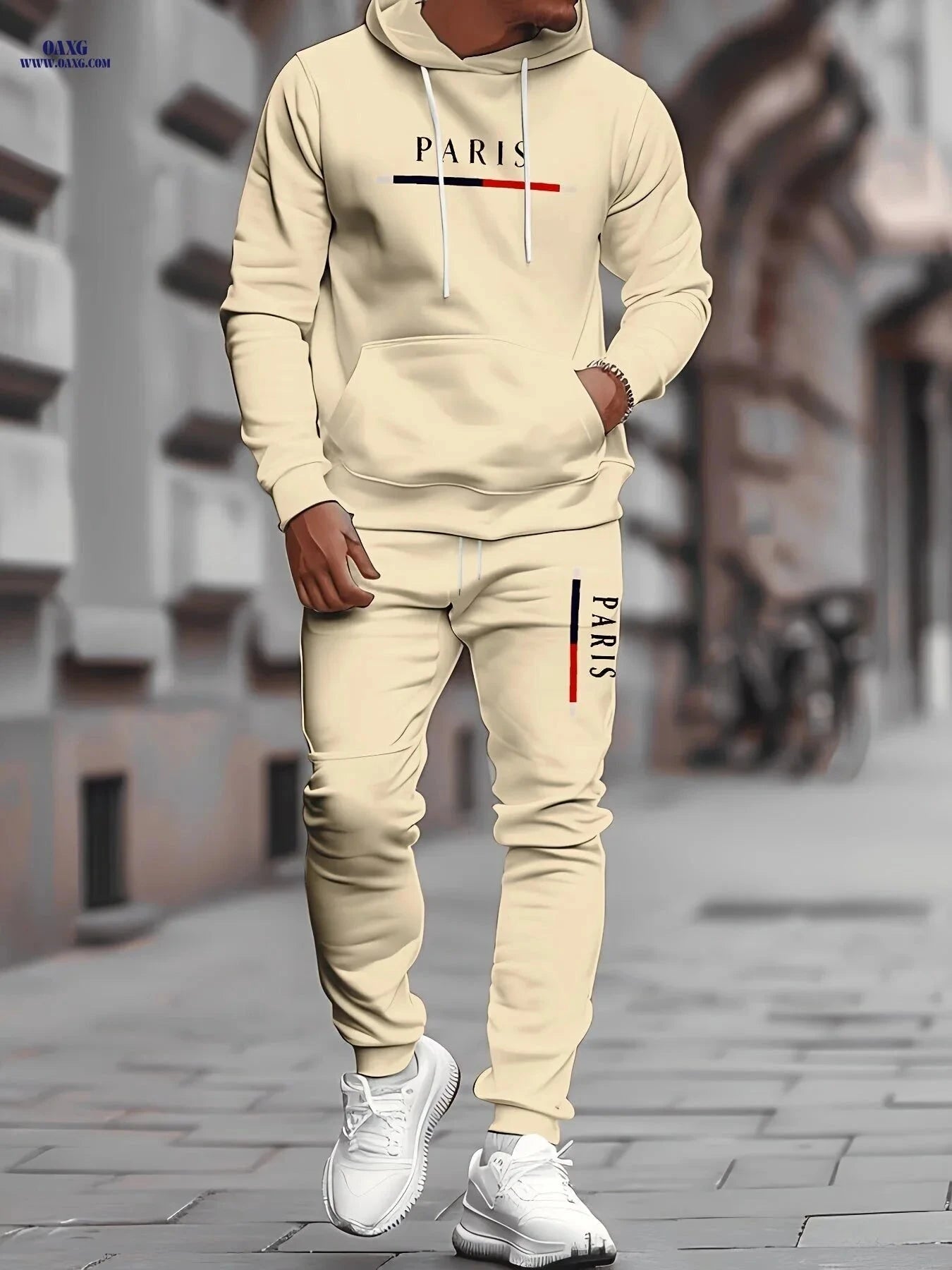 Men's Stylish Paris Print Hoodie and Sweatpants Set - Easy & Elegant   OAXG 