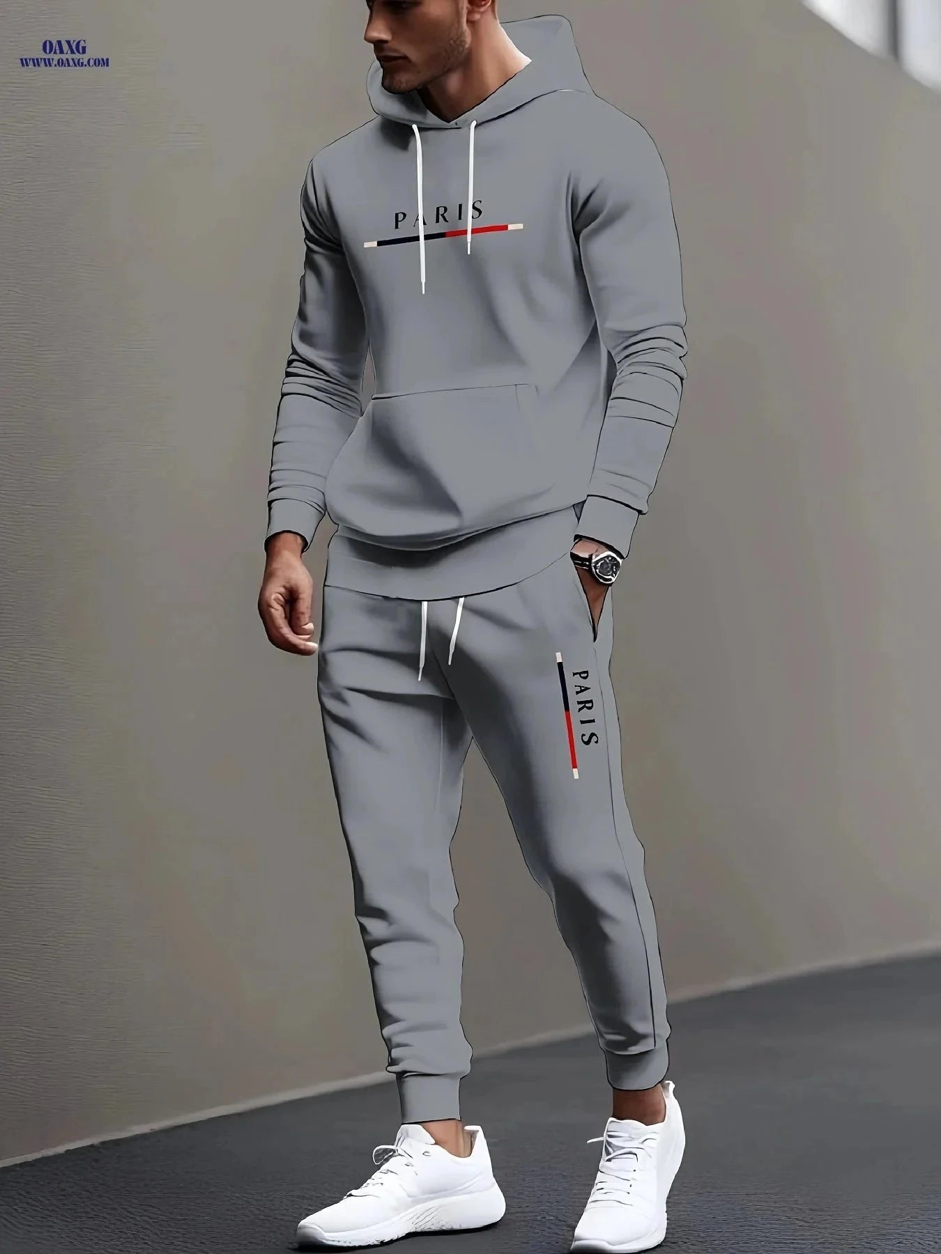Men's Stylish Paris Print Hoodie and Sweatpants Set - Easy & Elegant   OAXG Beige / FR S