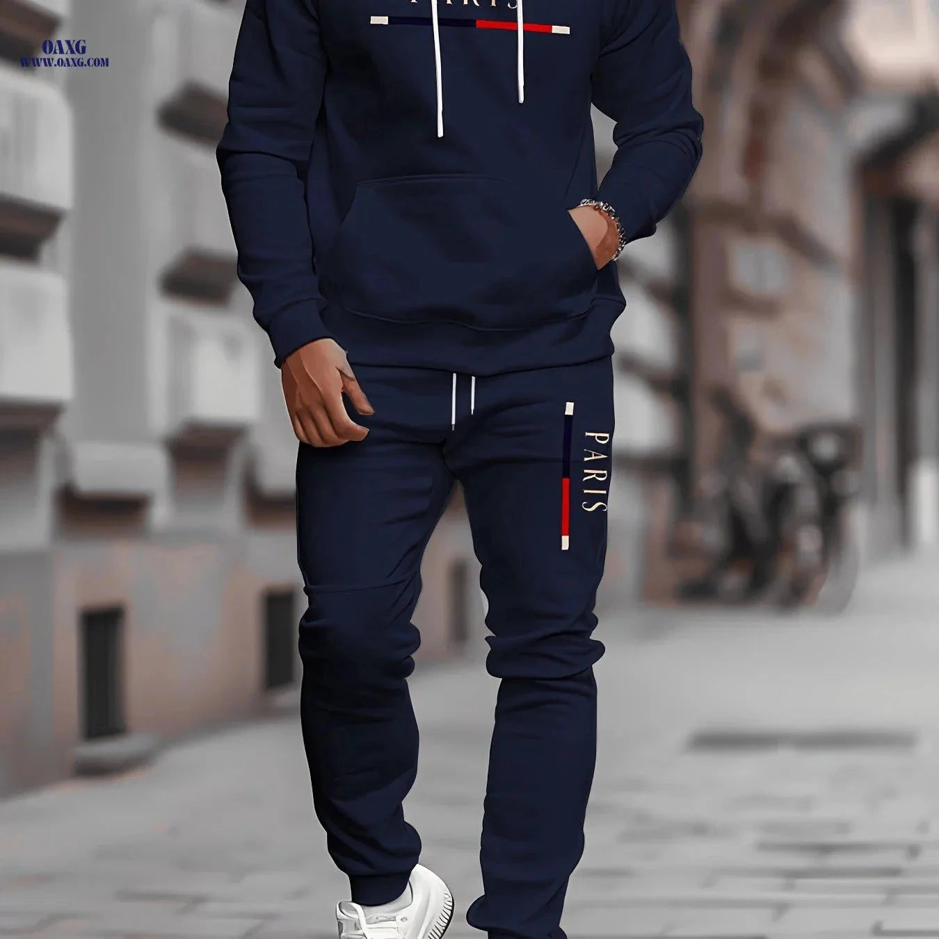 Men's Stylish Paris Print Hoodie and Sweatpants Set - Easy & Elegant   OAXG 