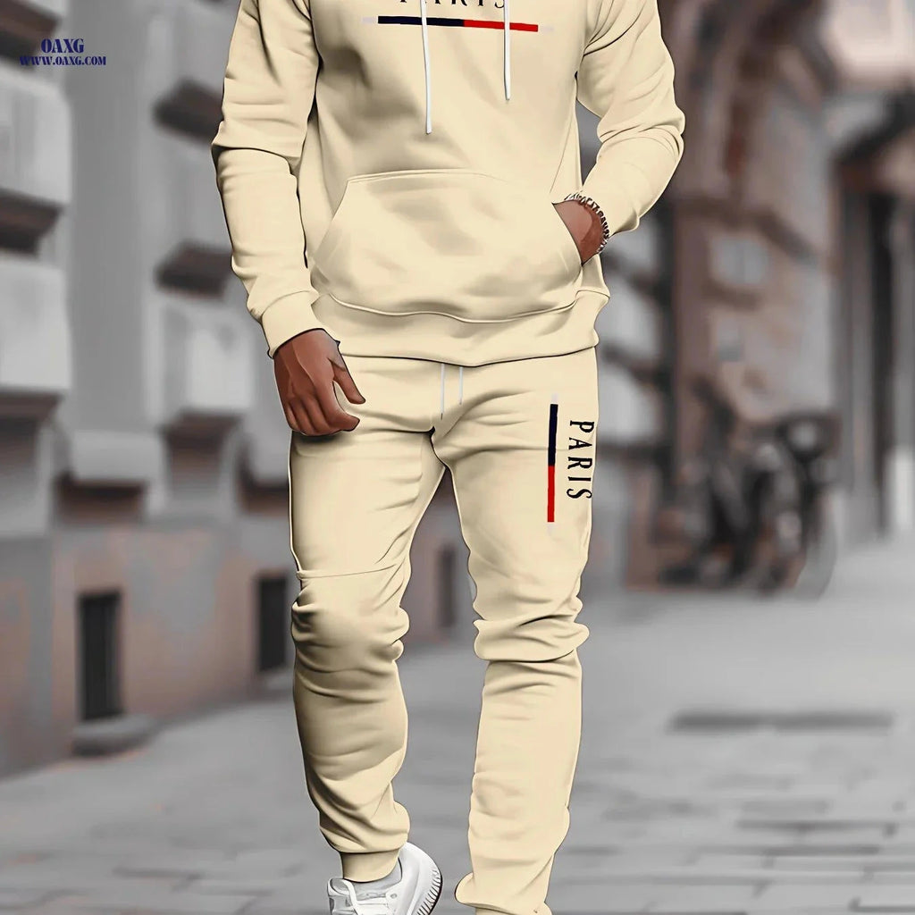 Men's Stylish Paris Print Hoodie and Sweatpants Set - Easy & Elegant   OAXG 