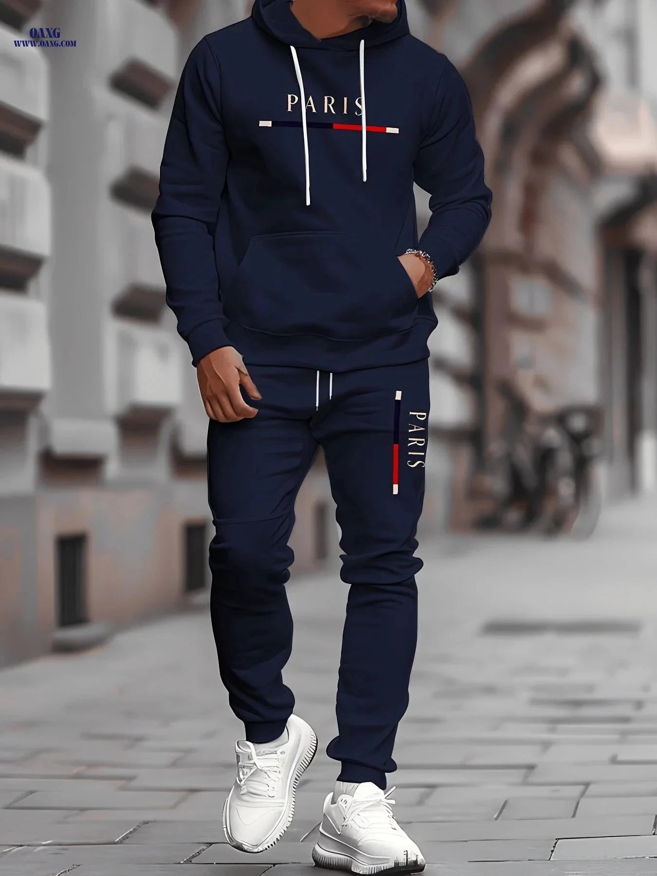 Men's Stylish Paris Print Hoodie and Sweatpants Set - Easy & Elegant   OAXG 