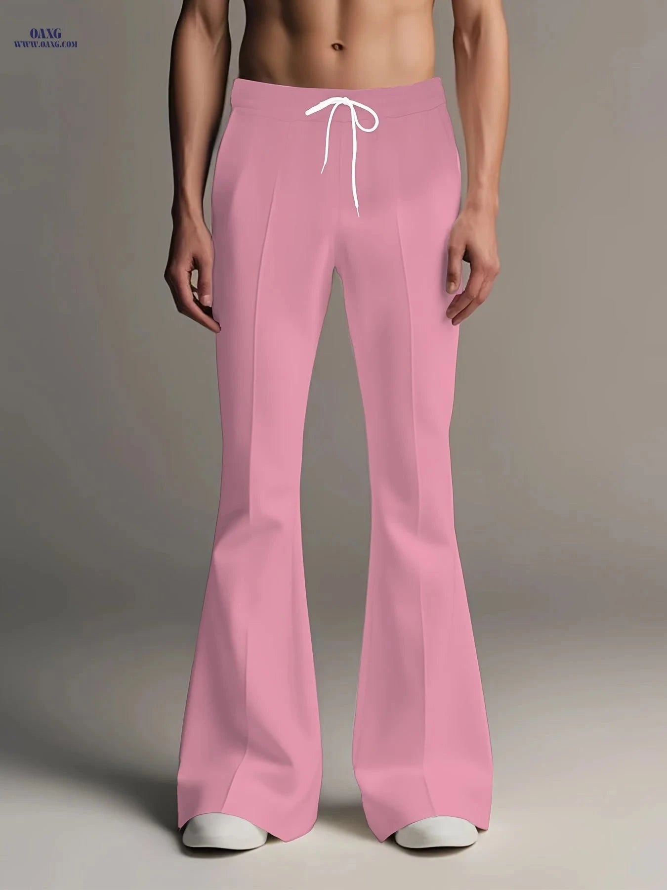 Men’s Stylish Pink Flare Pants - Casual, Drawstring Waist with Pockets   OAXG 