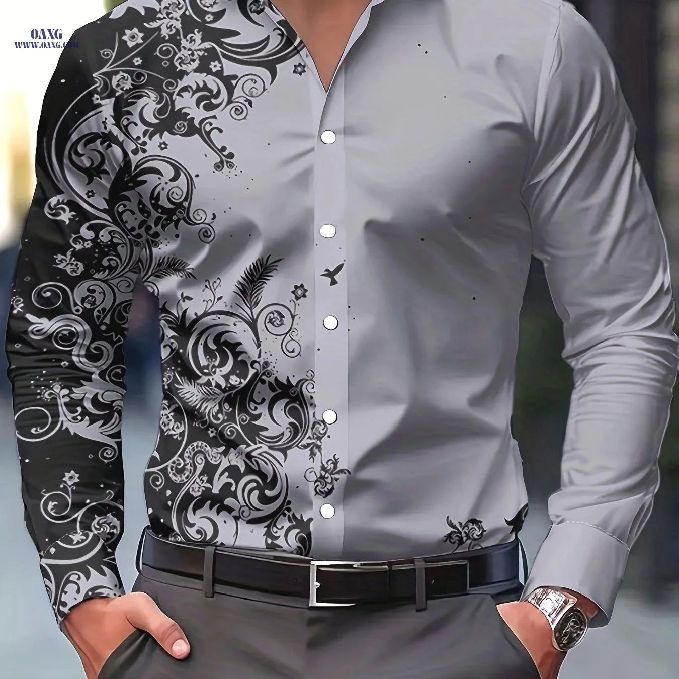 Men's Stylish Print Shirt - Casual Long-Sleeve Button-Up for Spring   OAXG 