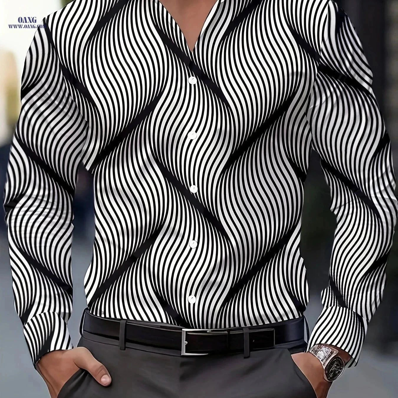 Men's Stylish Print Shirt - Casual Long Sleeve Button-Up for Spring   OAXG White / FR S