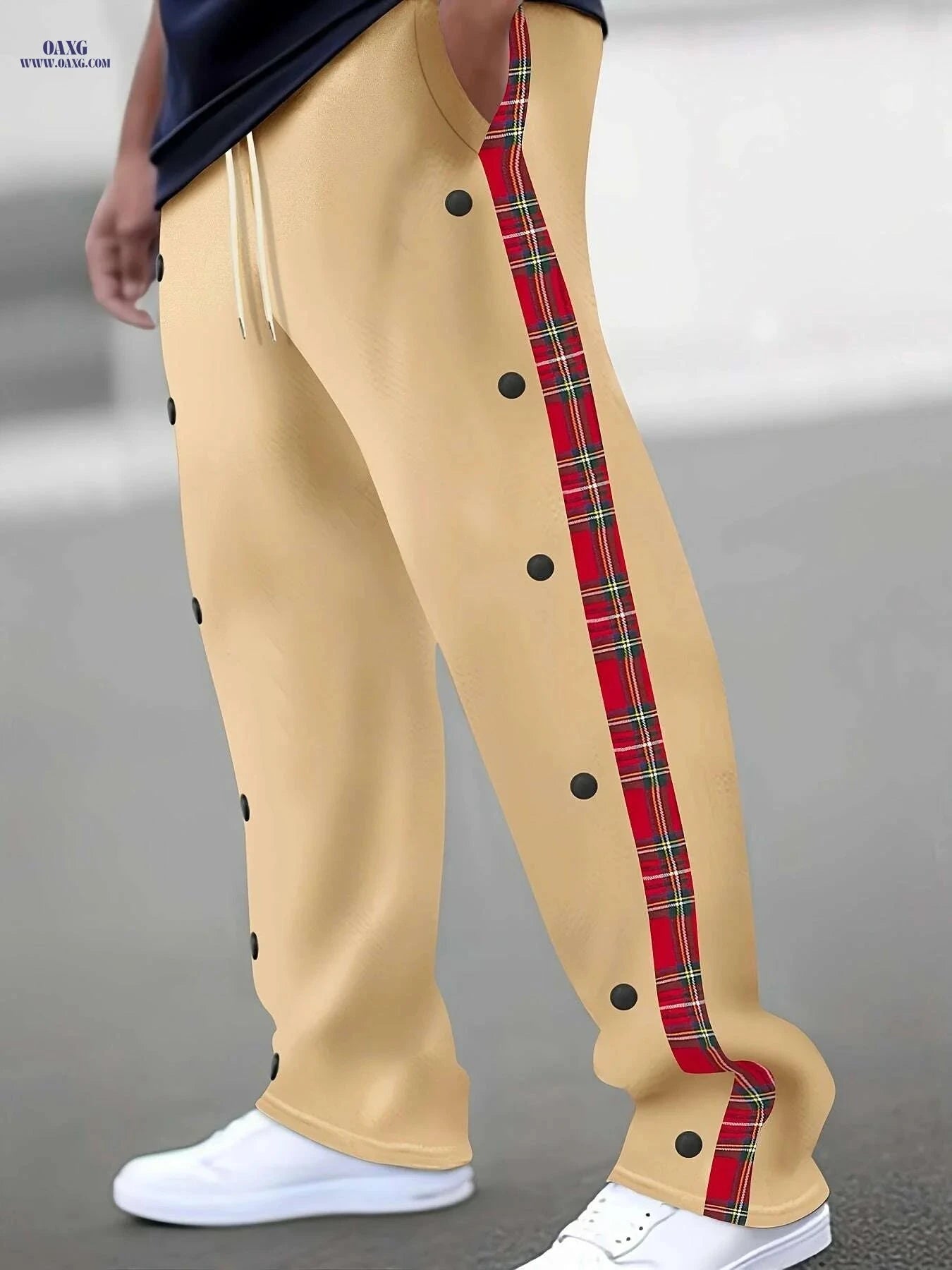 Men's Stylish Red Color Block Pants - Elastic Waist, Fake Buttons   OAXG Black / S
