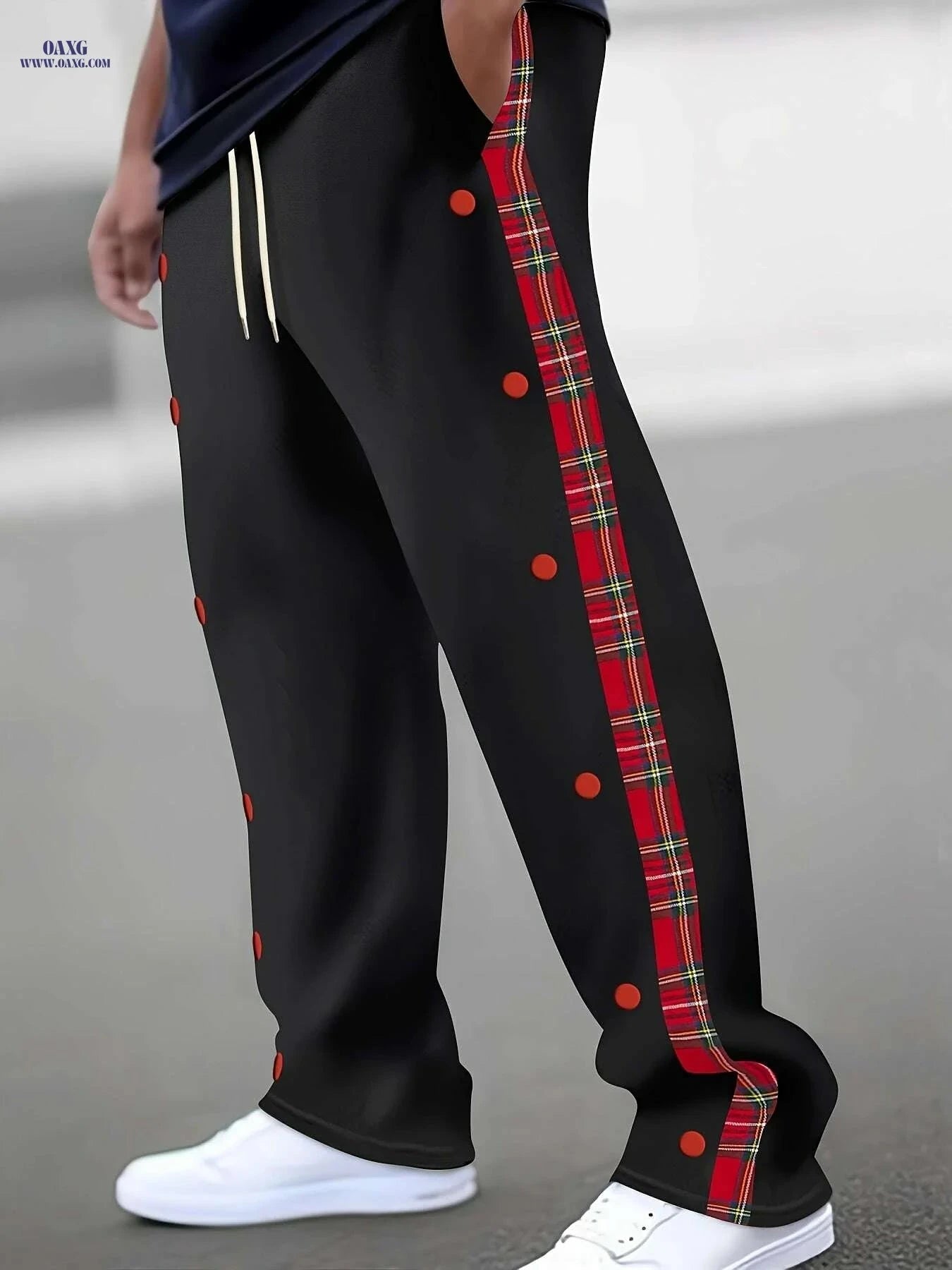 Men's Stylish Red Color Block Pants - Elastic Waist, Fake Buttons   OAXG Black / S