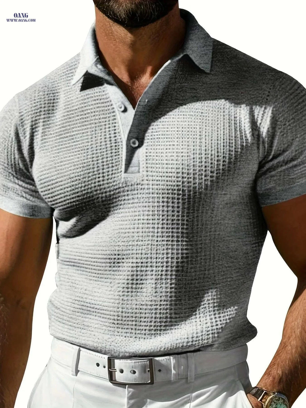 Men's Stylish Red Waffle Texture Polo Shirt - Casual Short Sleeve Top   OAXG 