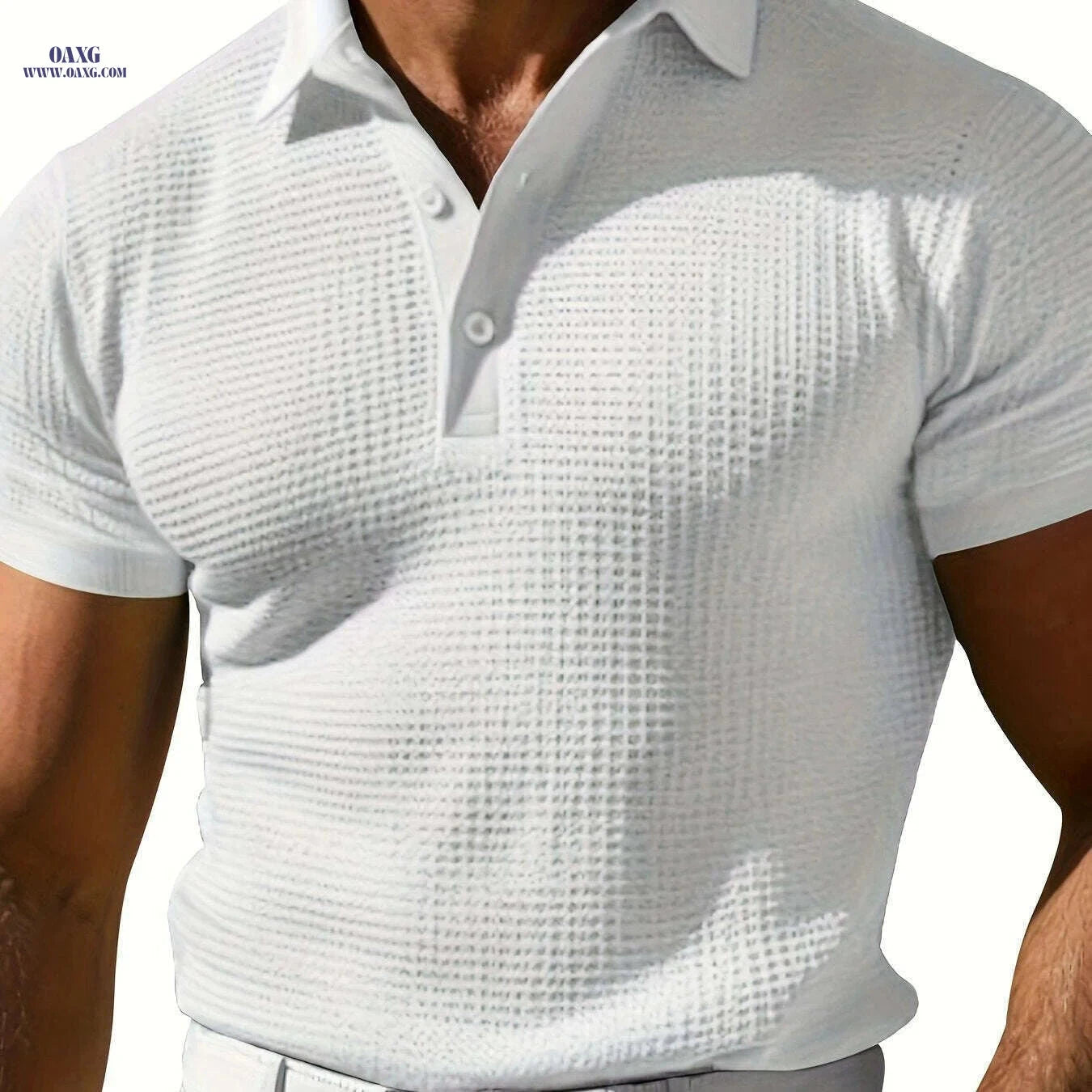 Men's Stylish Red Waffle Texture Polo Shirt - Casual Short Sleeve Top   OAXG 