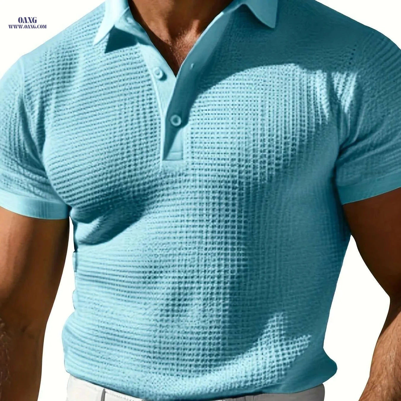 Men's Stylish Red Waffle Texture Polo Shirt - Casual Short Sleeve Top   OAXG 