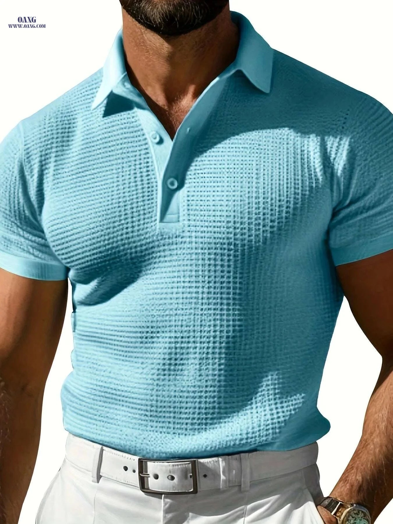 Men's Stylish Red Waffle Texture Polo Shirt - Casual Short Sleeve Top   OAXG Black / S