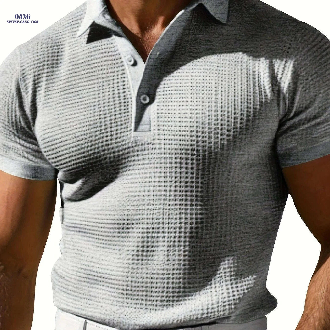 Men's Stylish Red Waffle Texture Polo Shirt - Casual Short Sleeve Top   OAXG Black / S