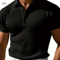 Men's Stylish Red Waffle Texture Polo Shirt - Casual Short Sleeve Top   OAXG Black / S