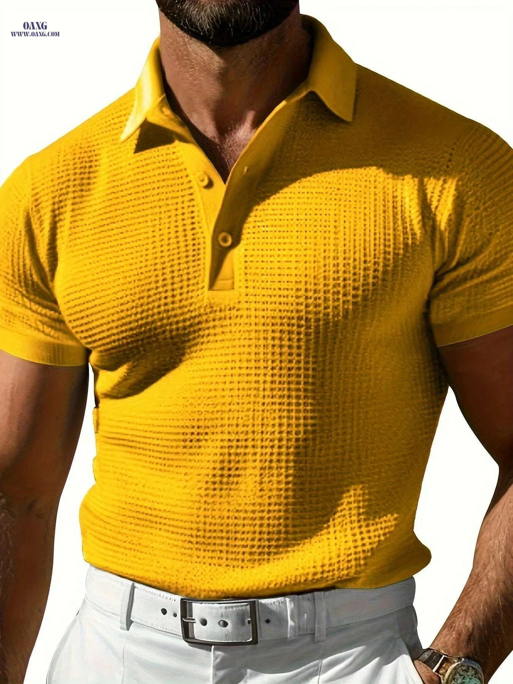 Men's Stylish Red Waffle Texture Polo Shirt - Casual Short Sleeve Top   OAXG Black / S