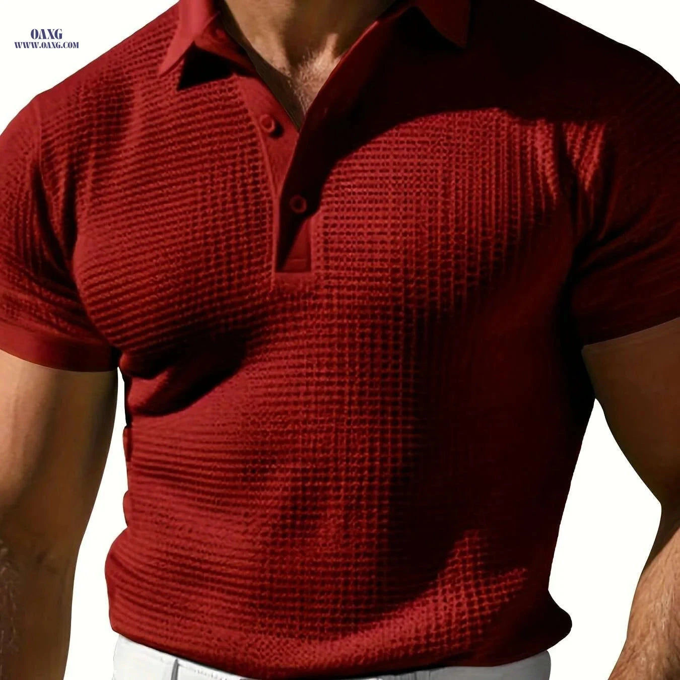 Men's Stylish Red Waffle Texture Polo Shirt - Casual Short Sleeve Top   OAXG Black / S