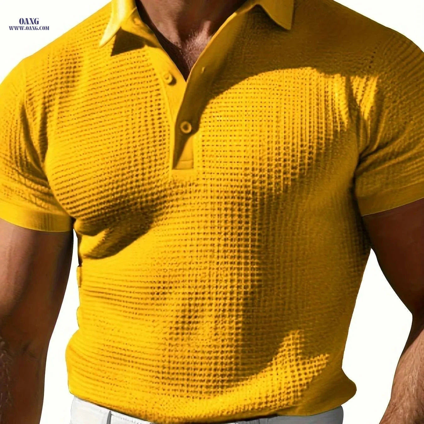 Men's Stylish Red Waffle Texture Polo Shirt - Casual Short Sleeve Top   OAXG Black / S