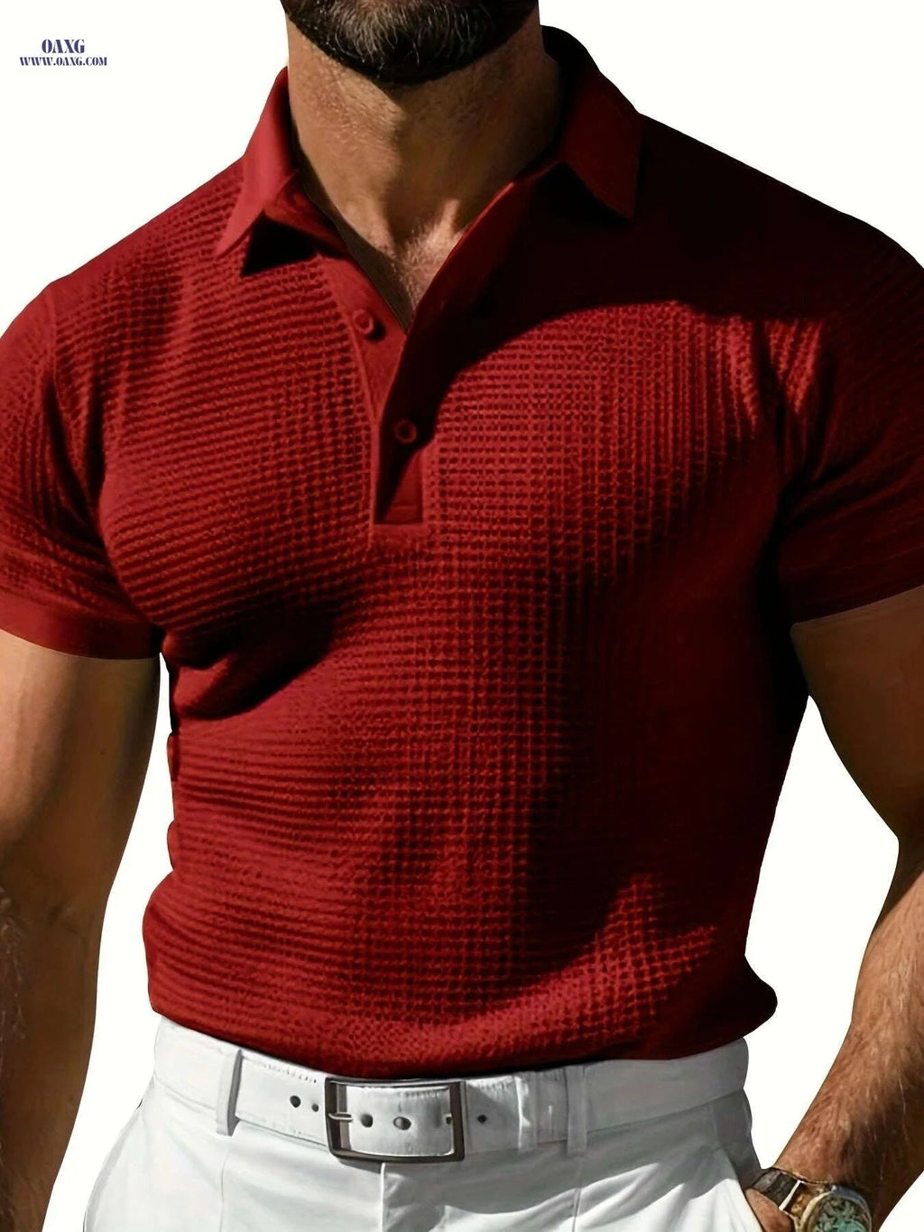 Men's Stylish Red Waffle Texture Polo Shirt - Casual Short Sleeve Top   OAXG 