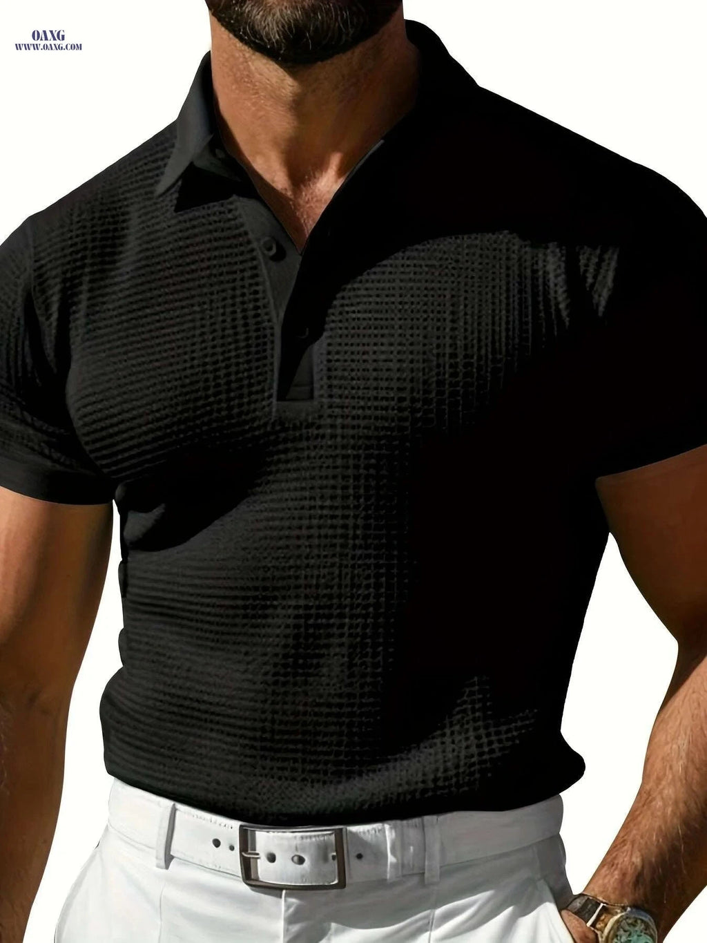 Men's Stylish Red Waffle Texture Polo Shirt - Casual Short Sleeve Top   OAXG 