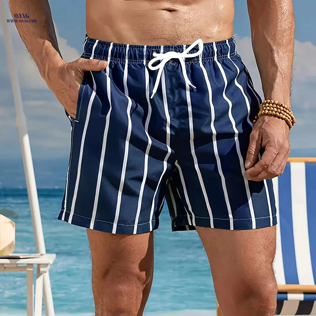 Men's Stylish Striped Beach Shorts - Lightweight, 3D Print Design   OAXG 