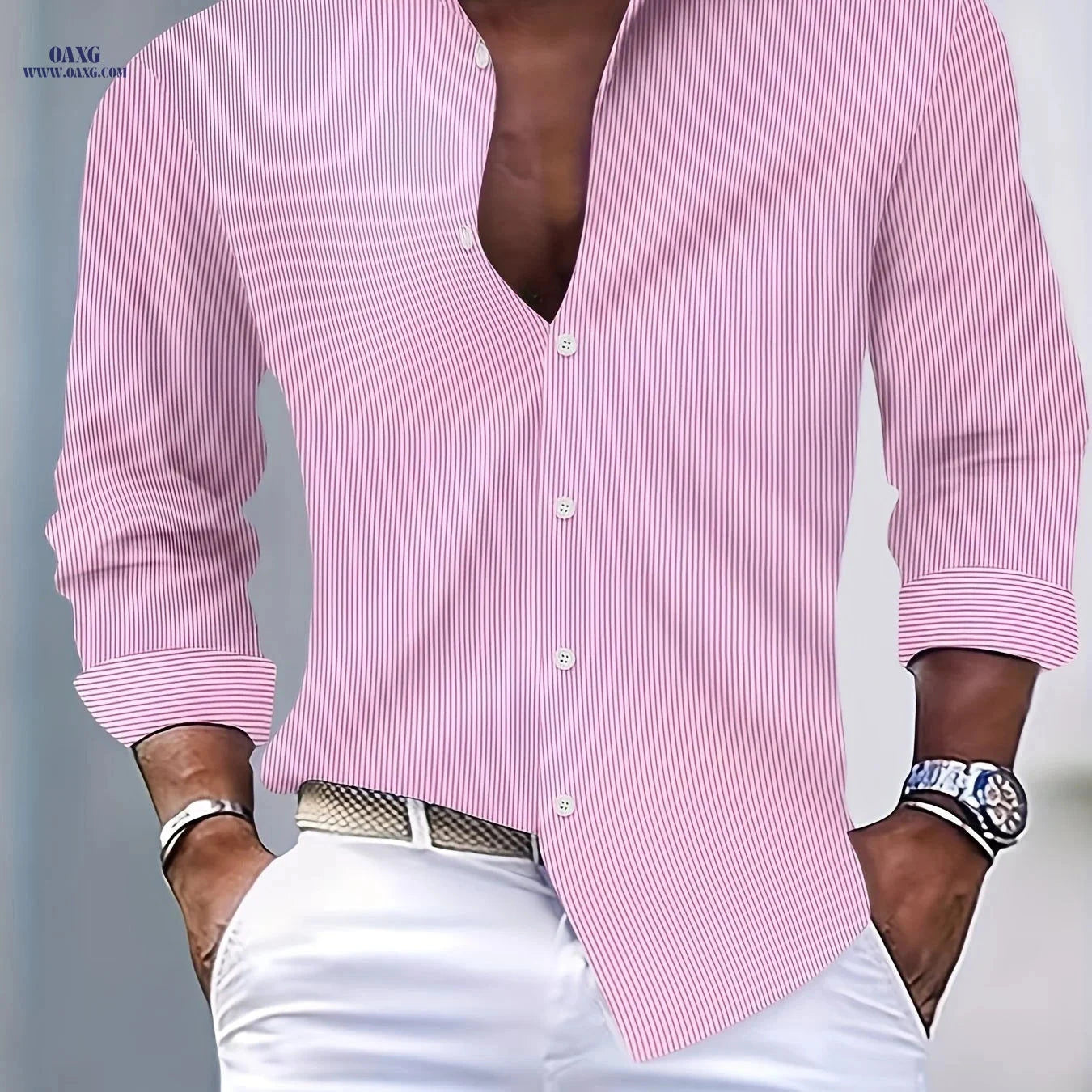 Men's Stylish Striped Long-Sleeve Shirt - Casual Fit, Easy Care   OAXG 