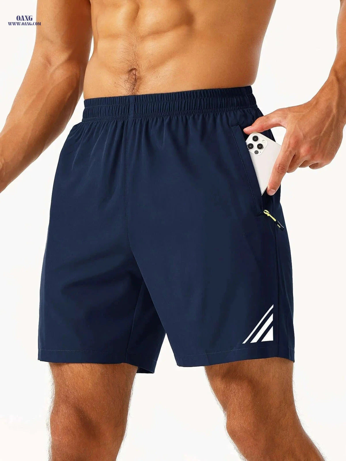 Men's Stylish Striped Sports Shorts - Quick-Drying with Zip Pockets   OAXG 