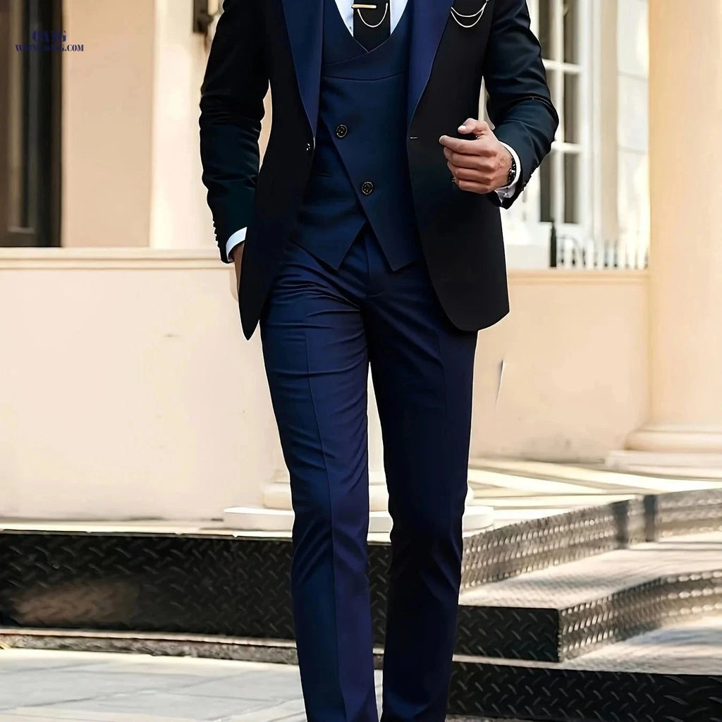 Men's Stylish Three-Piece Suit - Blazer, Vest, and Trousers Set   OAXG Navy Color / FR XXXL