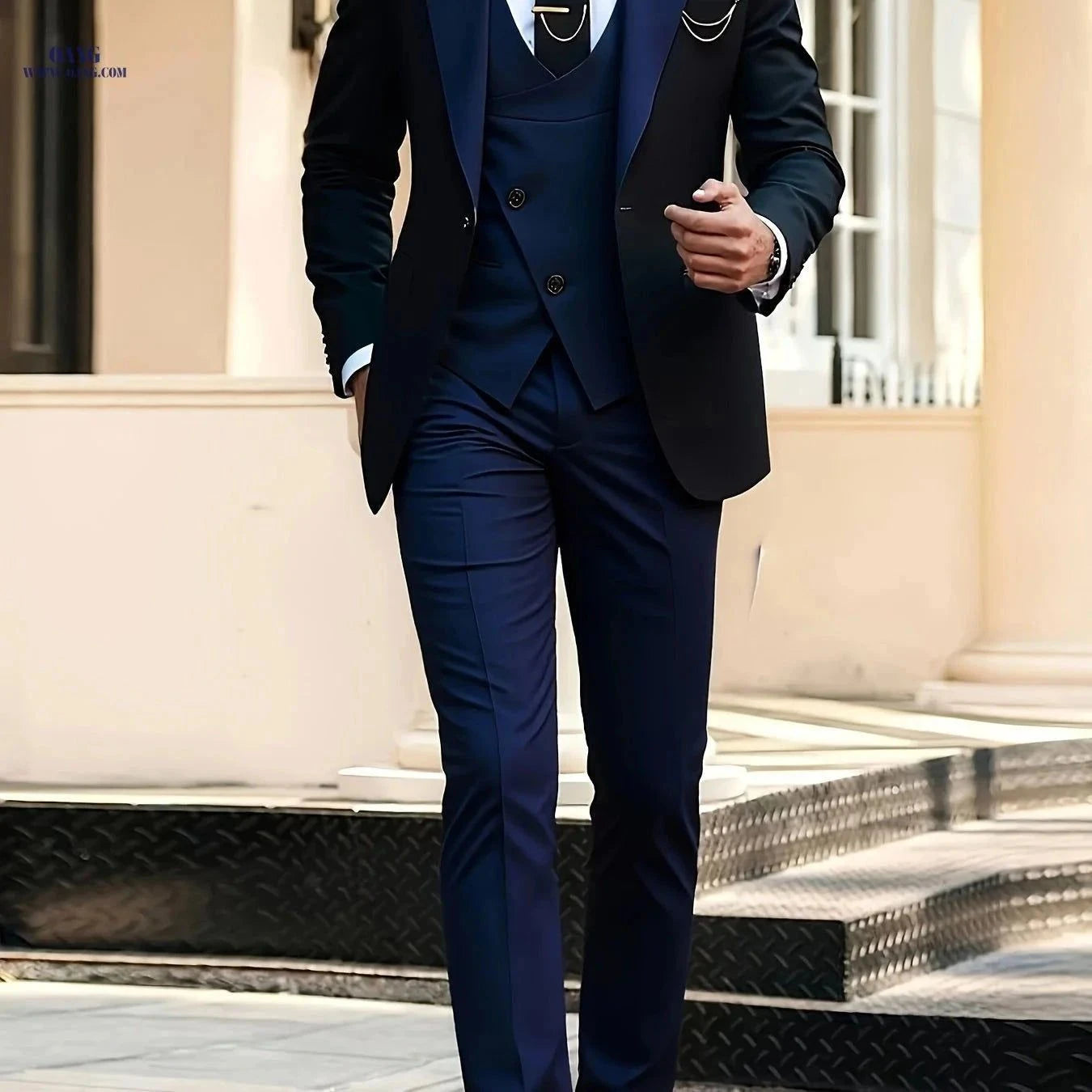 Men's Stylish Three-Piece Suit - Blazer, Vest, and Trousers Set   OAXG Navy Color / FR XXXL
