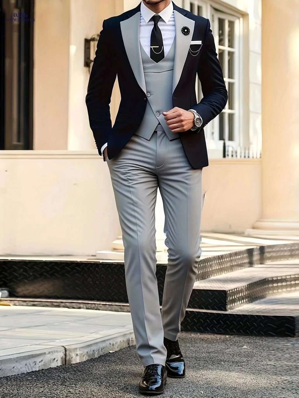 Men's Stylish Three-Piece Suit - Blazer, Vest, and Trousers Set   OAXG Navy Color / FR XXXL