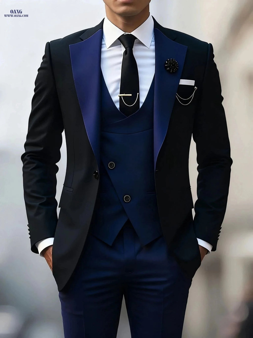 Men's Stylish Three-Piece Suit - Blazer, Vest, and Trousers Set   OAXG Navy Color / FR XXXL