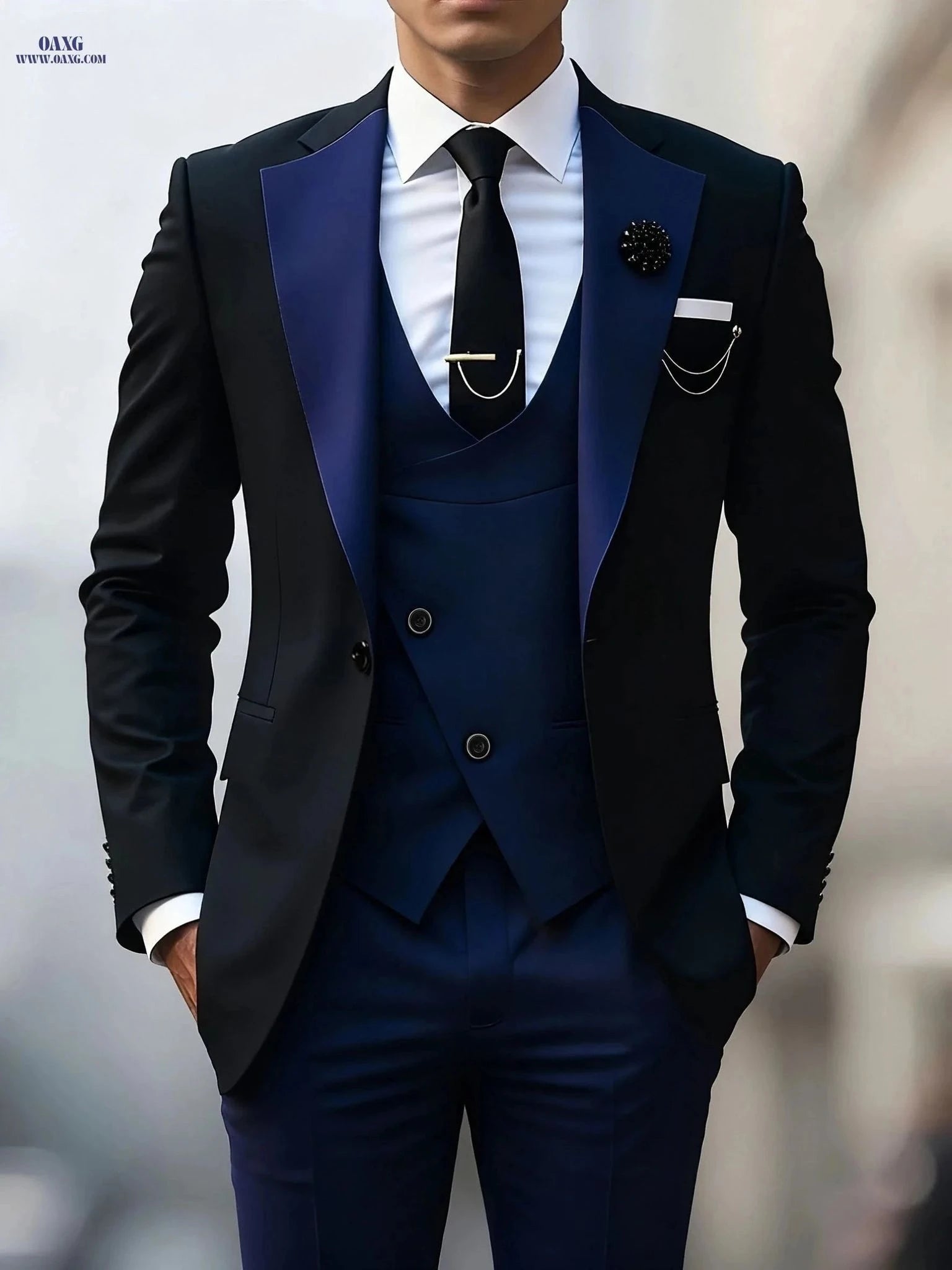 Men's Stylish Three-Piece Suit - Blazer, Vest, and Trousers Set   OAXG Navy Color / FR XXXL