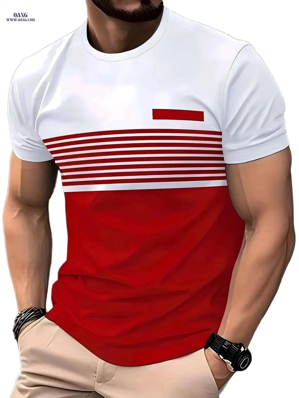 Men's Summer 3D Striped T-Shirt - Casual Oversized Short Sleeve   OAXG 【Red】 / S
