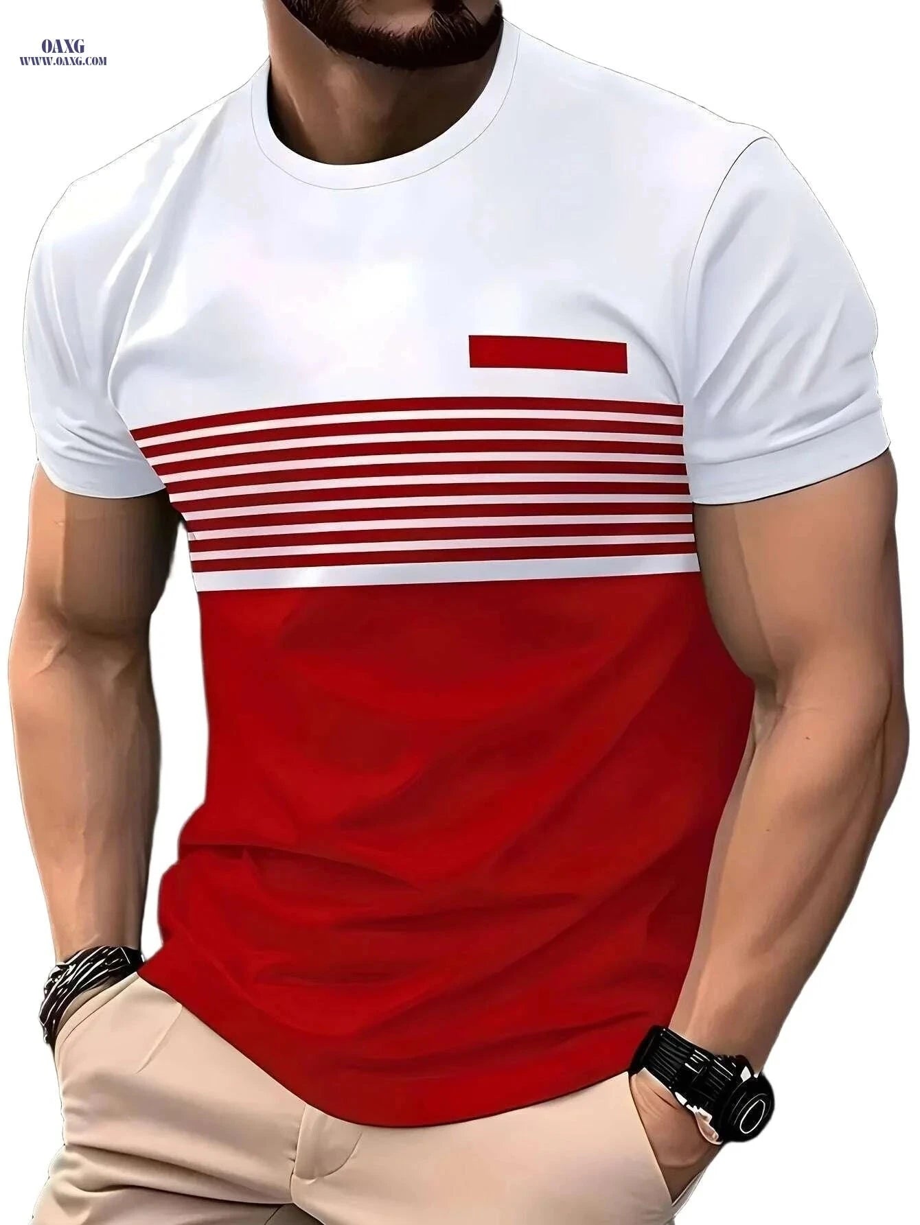 Men's Summer 3D Striped T-Shirt - Casual Oversized Short Sleeve   OAXG 【Red】 / S