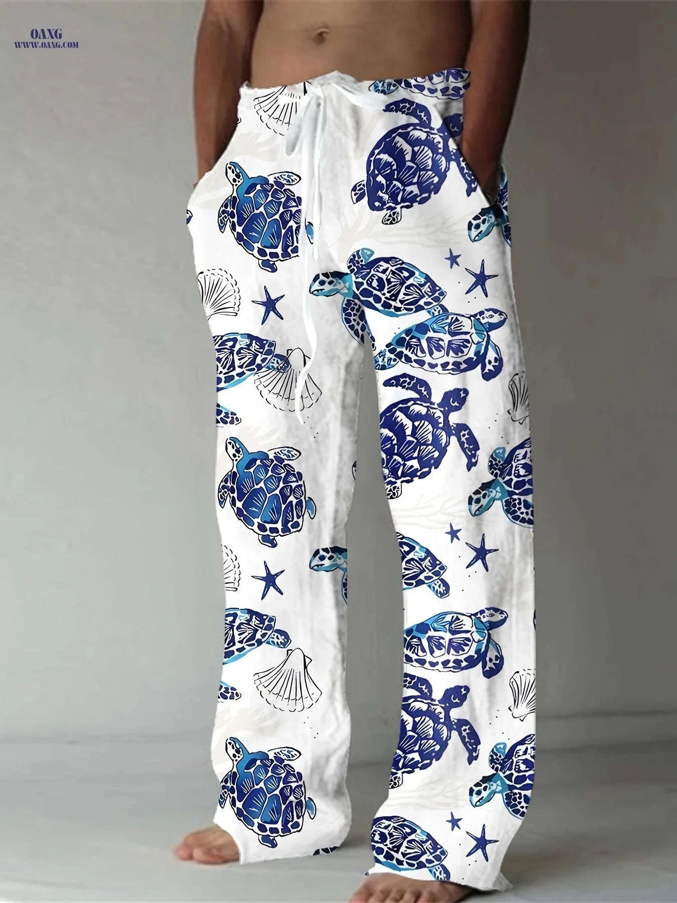 Men's Summer Beach Pants - 3D Sea Turtle Print, Drawstring Waist   OAXG 