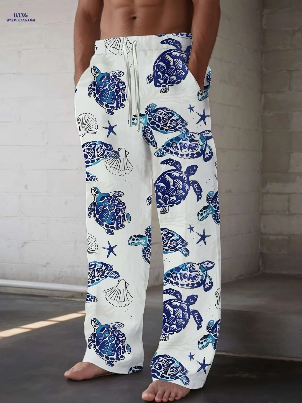 Men's Summer Beach Pants - 3D Sea Turtle Print, Drawstring Waist   OAXG 