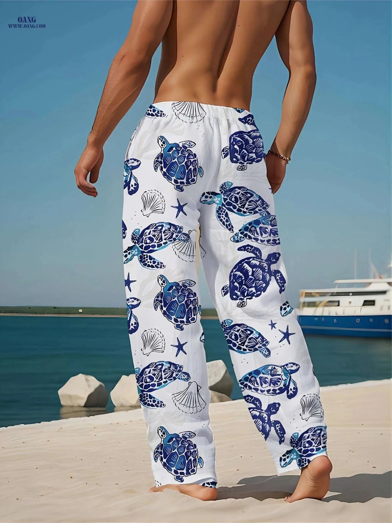 Men's Summer Beach Pants - 3D Sea Turtle Print, Drawstring Waist   OAXG White / FR M