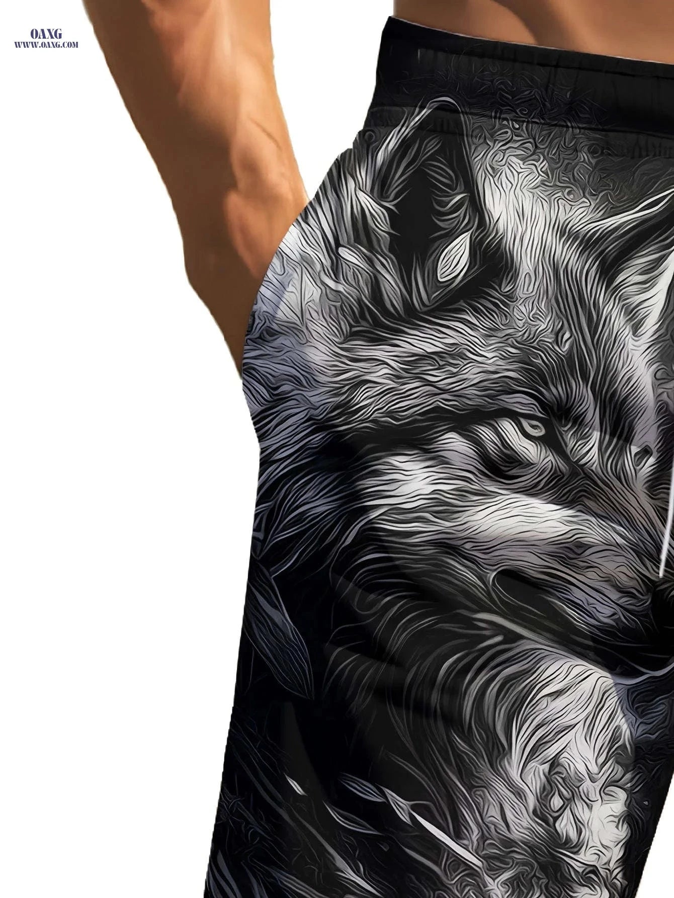 Men's Summer Beach Shorts - Fierce Wolf Head Print, Casual Style   OAXG 
